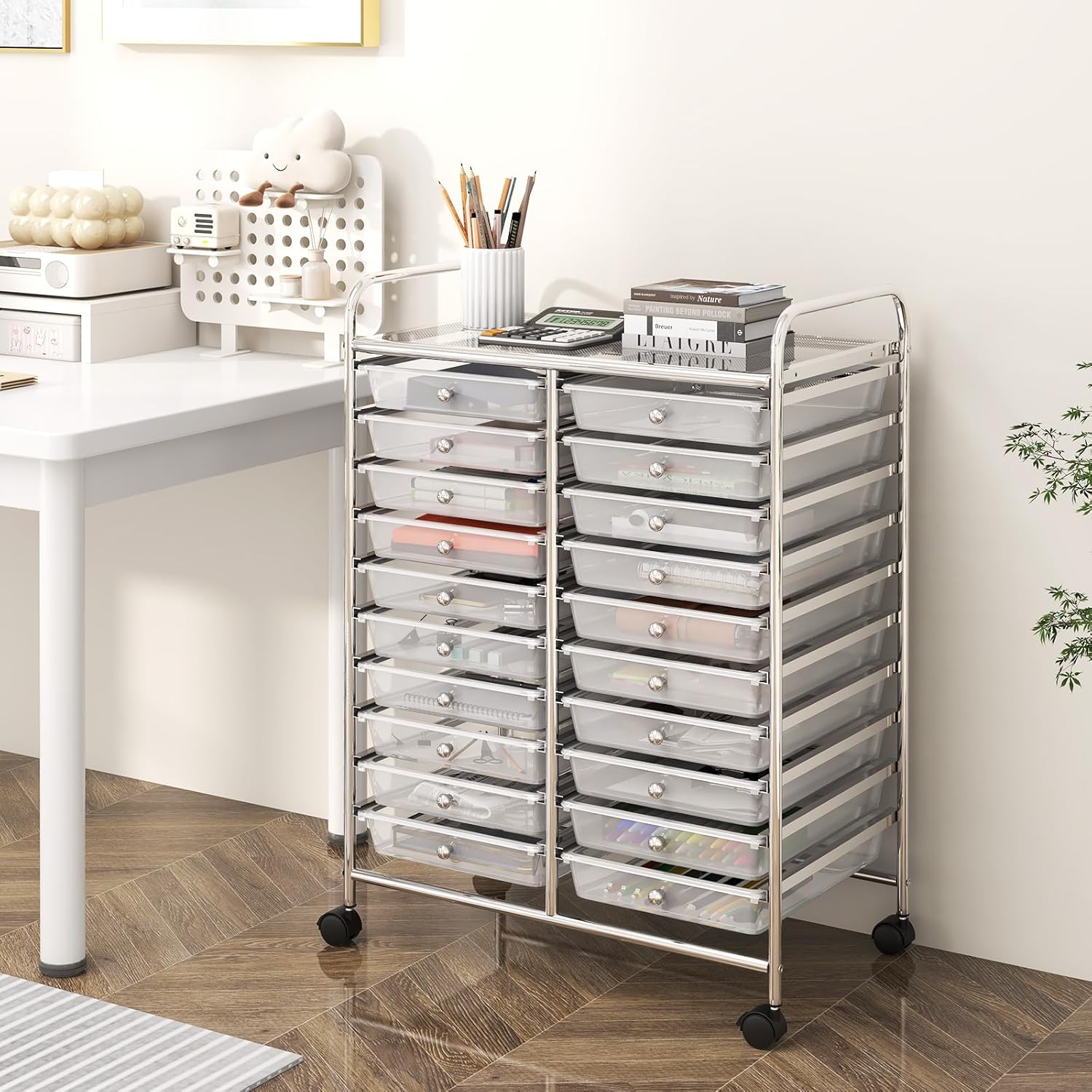 Clear 20-Drawer Rolling Organizer Cart with Chrome Frame