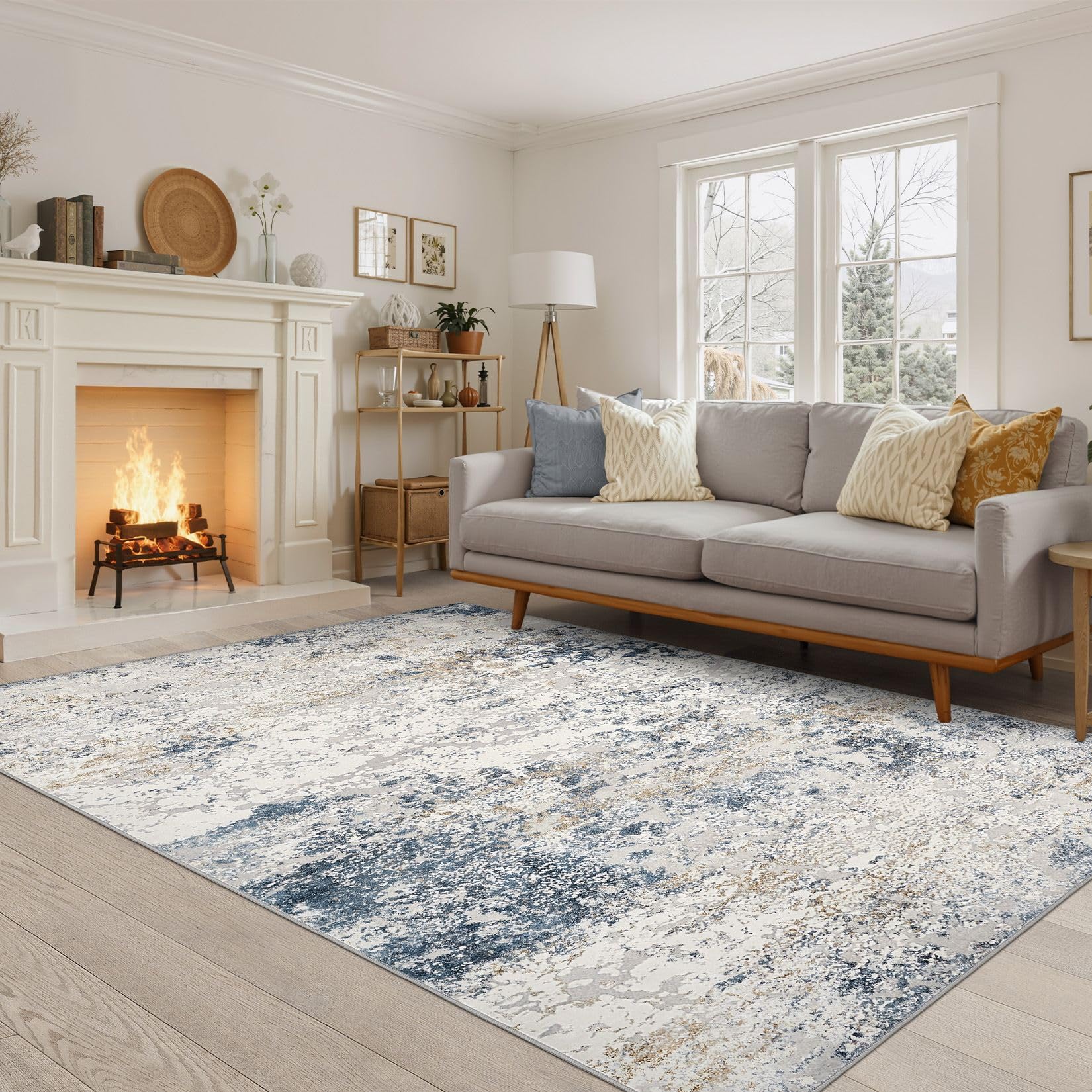 DMOYEST Wohnzimmer Teppich Modern Waschbar Kurzflor Anti-Rutsch Rückseite Weich, Farbe: Beige Blau, Größe:160x230 cm Teppiche für Schlafzimmer Esszimmer Büro Bereich