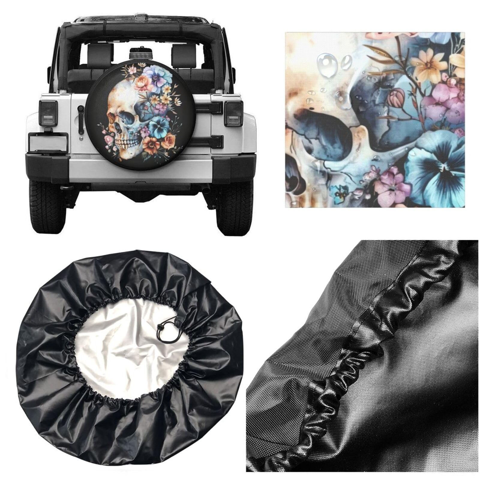 Watercolor Flowers Skull Spare Tire Cover for Camper Rv Trailer- Cute Fun Wheel Cover Waterproof Universal Fit for SUV Truck Wheel Protectors Travel Outdoor-17 inch