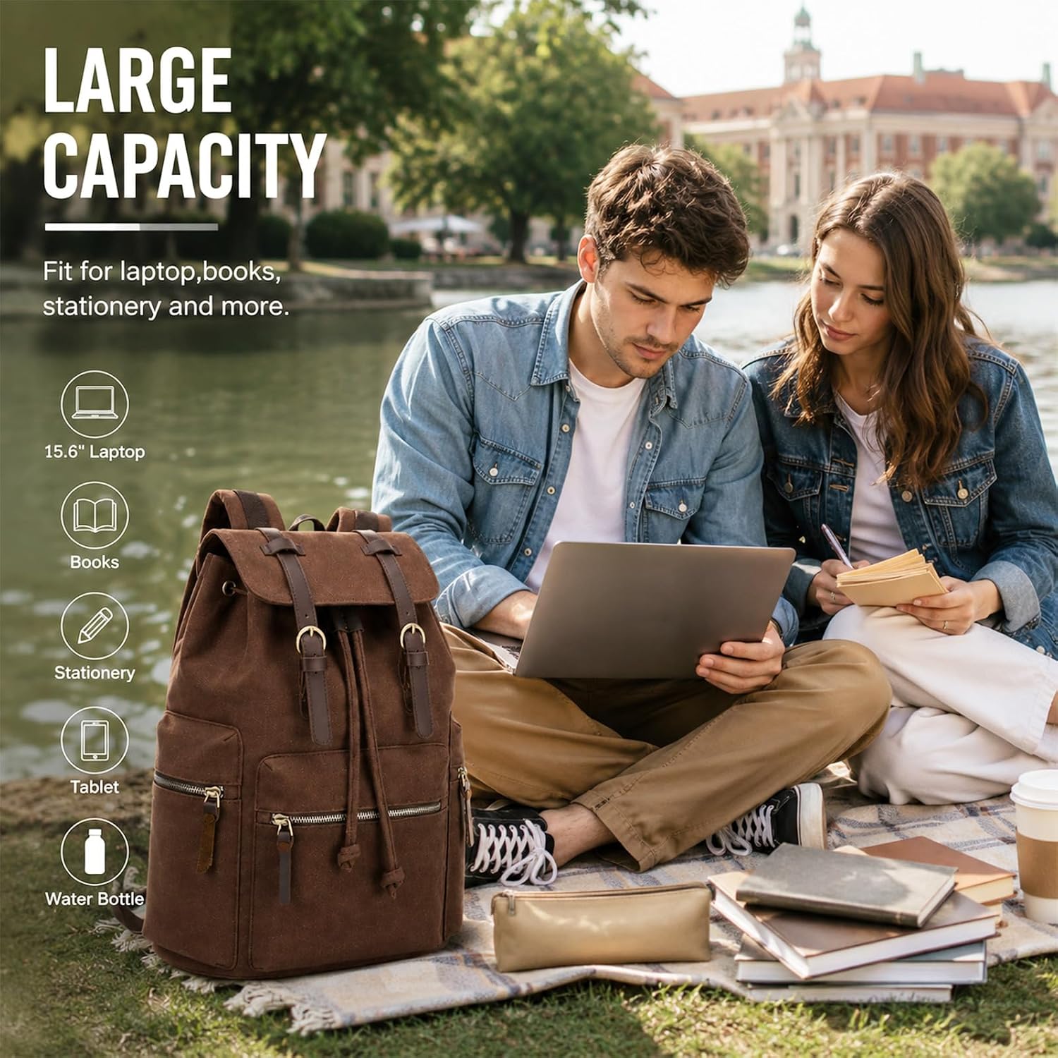 Eaasty 12 Pcs Vintage Canvas College Backpack Set, Retro Brown