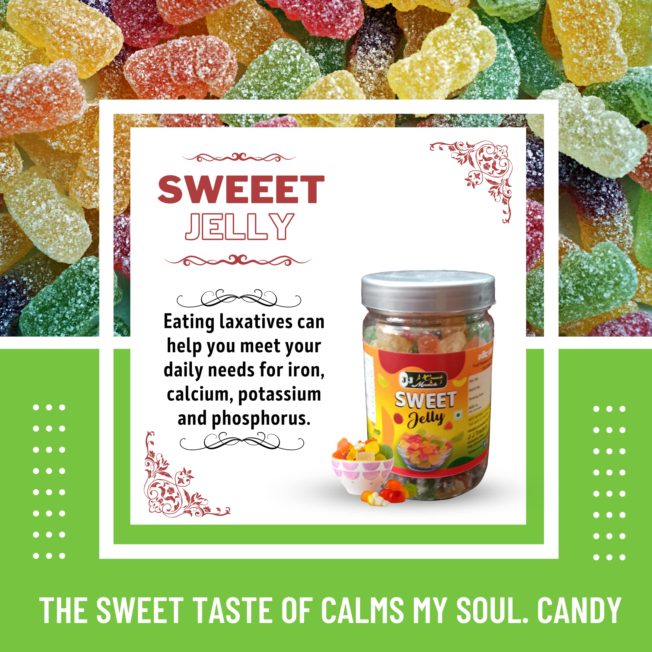 J J crunch N munch Sweet Jelly Candy Pack, Flavoured Sugar Jelly (350 Gram) Jar, Sugar Coated Sweet Fruits Candy. 4