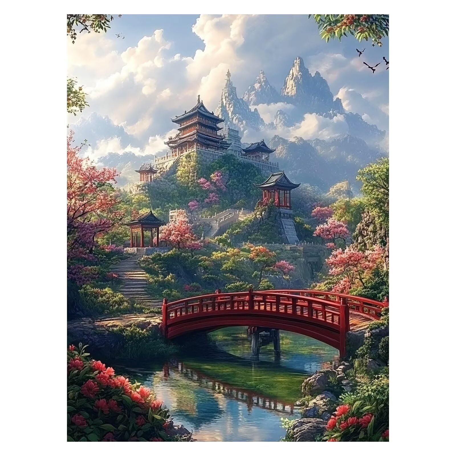 Malowanie po numerach dla dorosłych, japońska architektura, malowanie według numerów, most, 71 x 81 cm, hobby dla dorosłych kobiet, malowanie na płótnie farbą akrylową i pędzlami, zestaw artystyczny