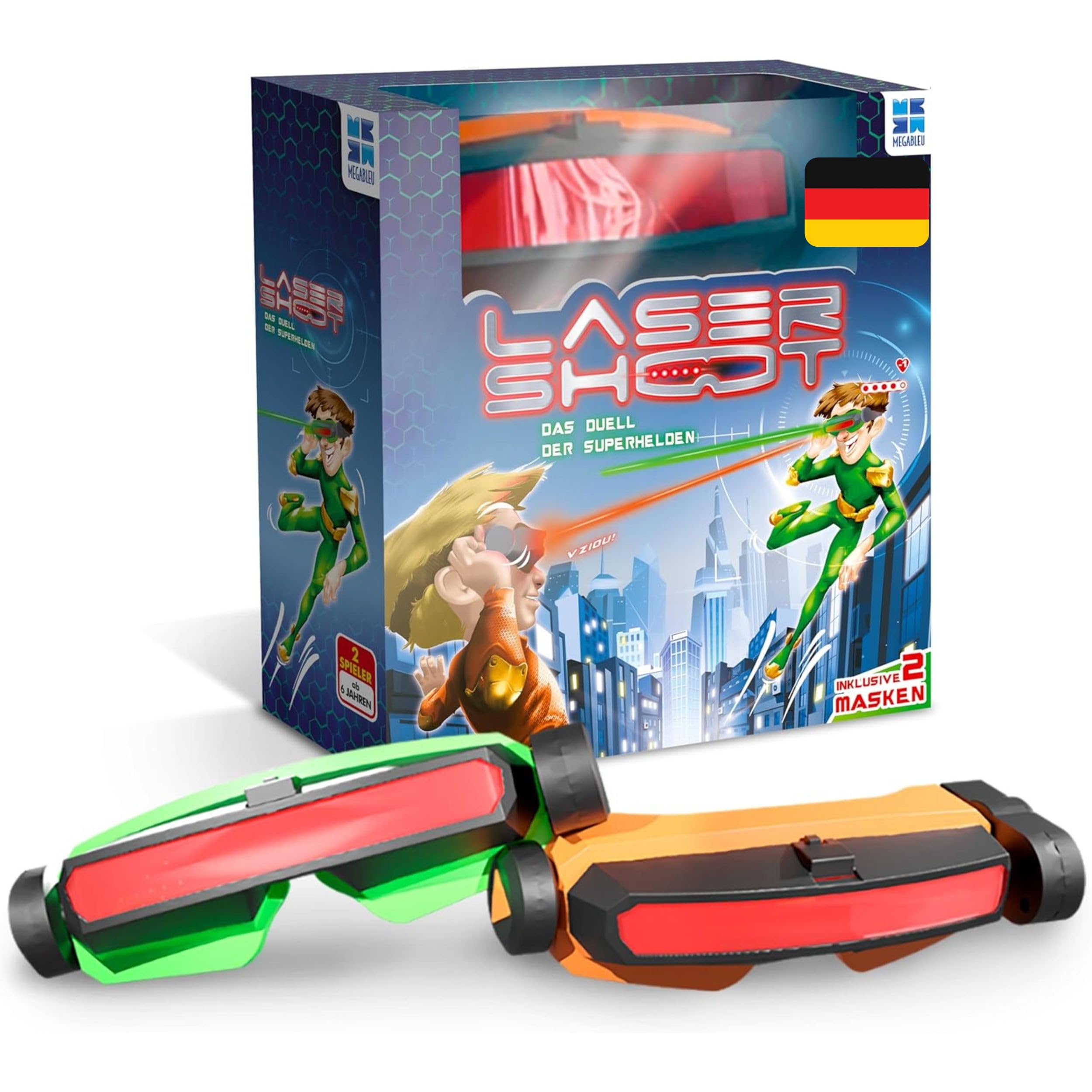 Megableu - Laser Shoot - Kinder-Laserspiele für 2 Spieler - Schießspiele - Indoor/Outdoor Kinderkampfspiele - 2 Lasermasken Inklusive - Interaktives Spielgeschenk - Ab 6 Jahren - Deutsche Version