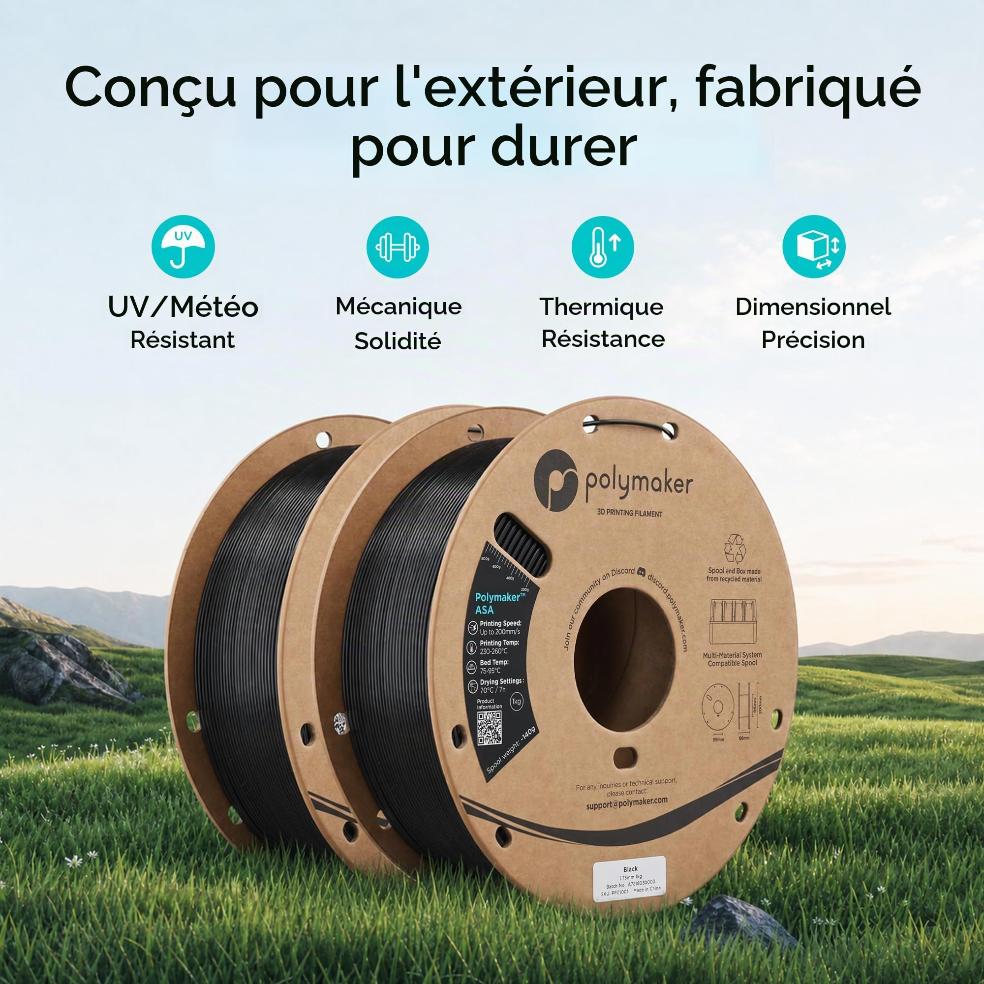 Polymaker PF01037 Filament ASA gris foncé résistant aux UV, aux intempéries et à la chaleur