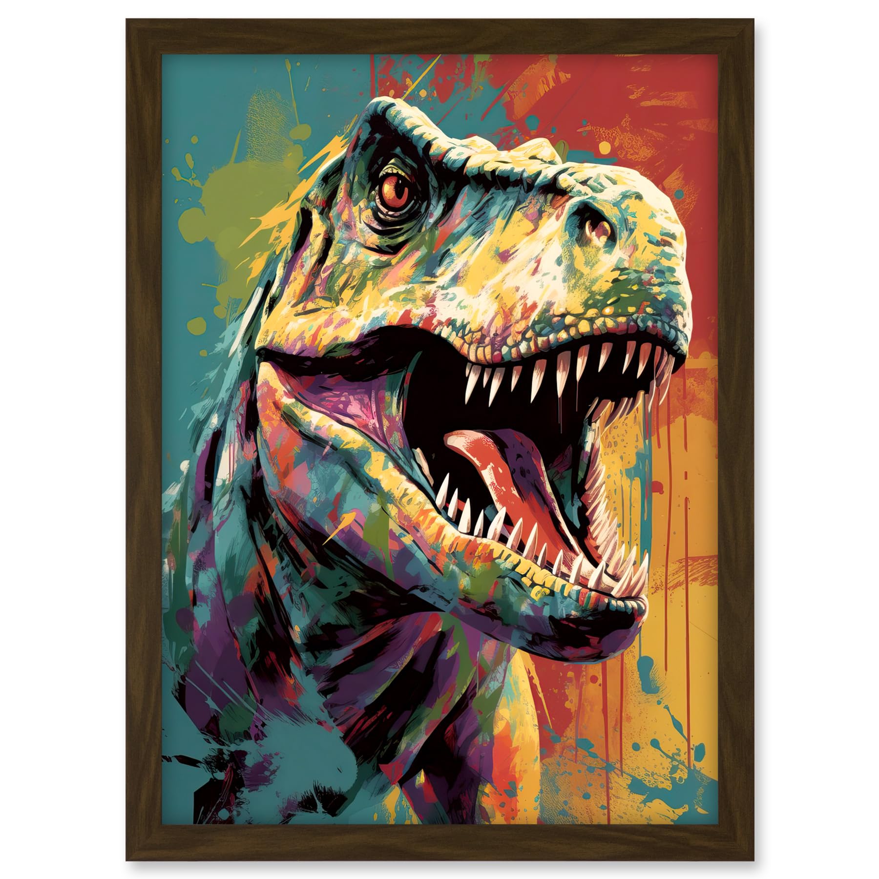 Artery8 Roaring T-Rex Multicoloured Dinosaur Portrait Artwork Framed A3 Wall Art Print