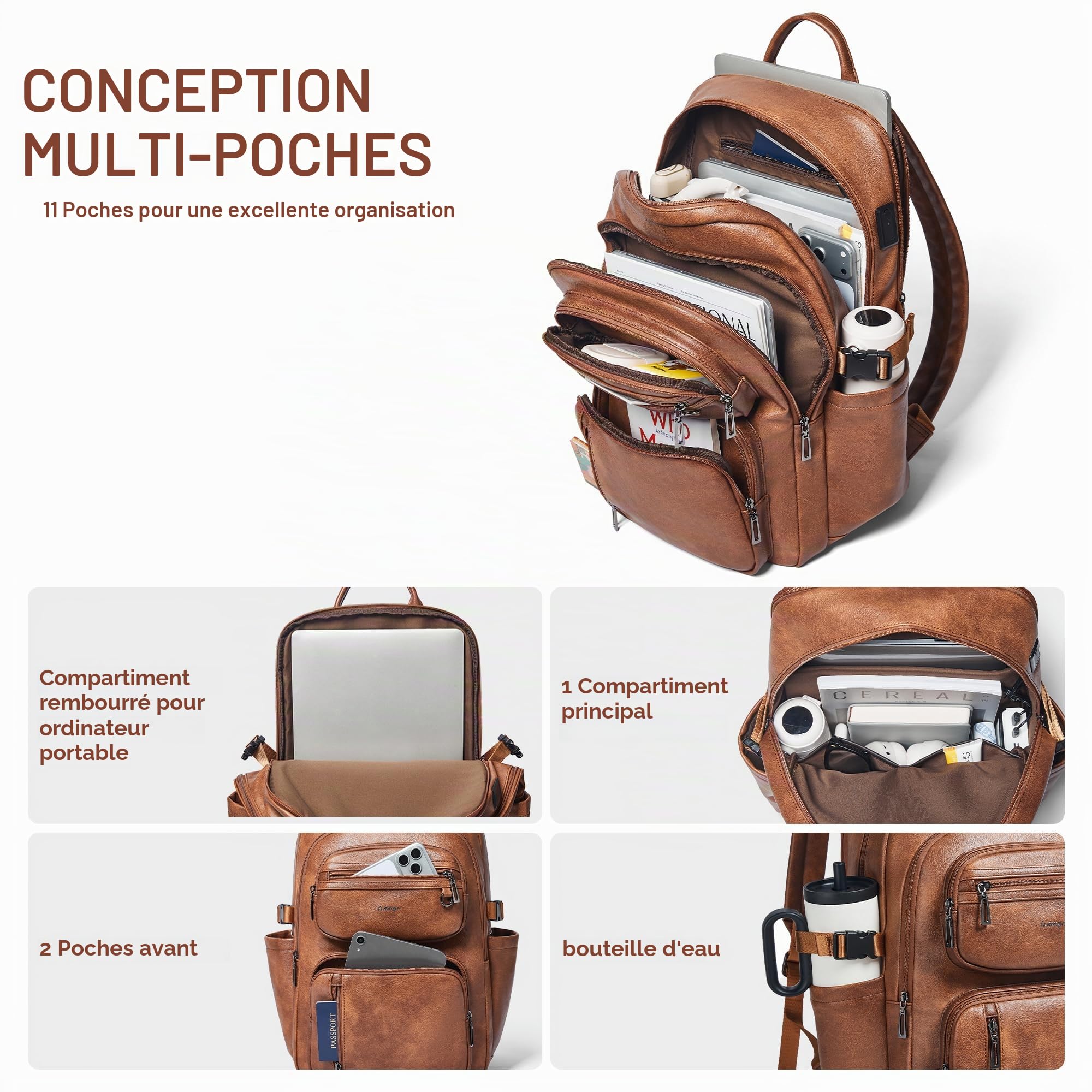 Sac à Dos en Cuir Végan Homme et Femme, Compatible avec Ordinateur 17 Pouces, Sac à Dos de Voyage Cabine avec Sangle Valise, Design Élégant, Brown