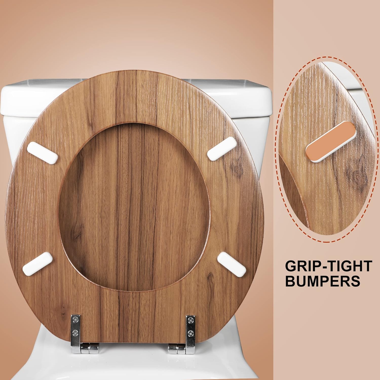Round Toilet Seat Molded Wood Toilet Seat with Zinc Alloy Hinges, Easy to Install also Easy to Clean, Anti-pinch Wooden Toilet Seat by Angol Shiold (Round, Natural)