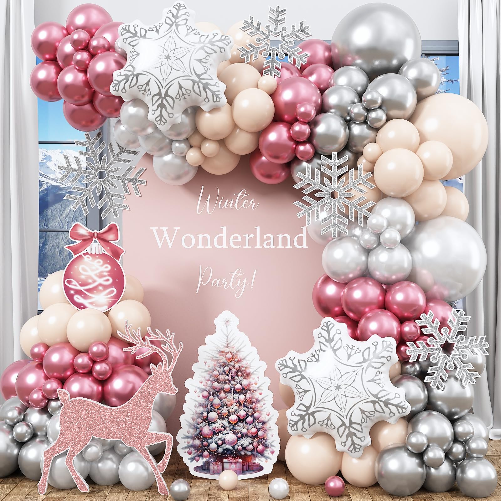 Guirnalda de globos para fiesta de invierno y Navidad con copos metálicos 8