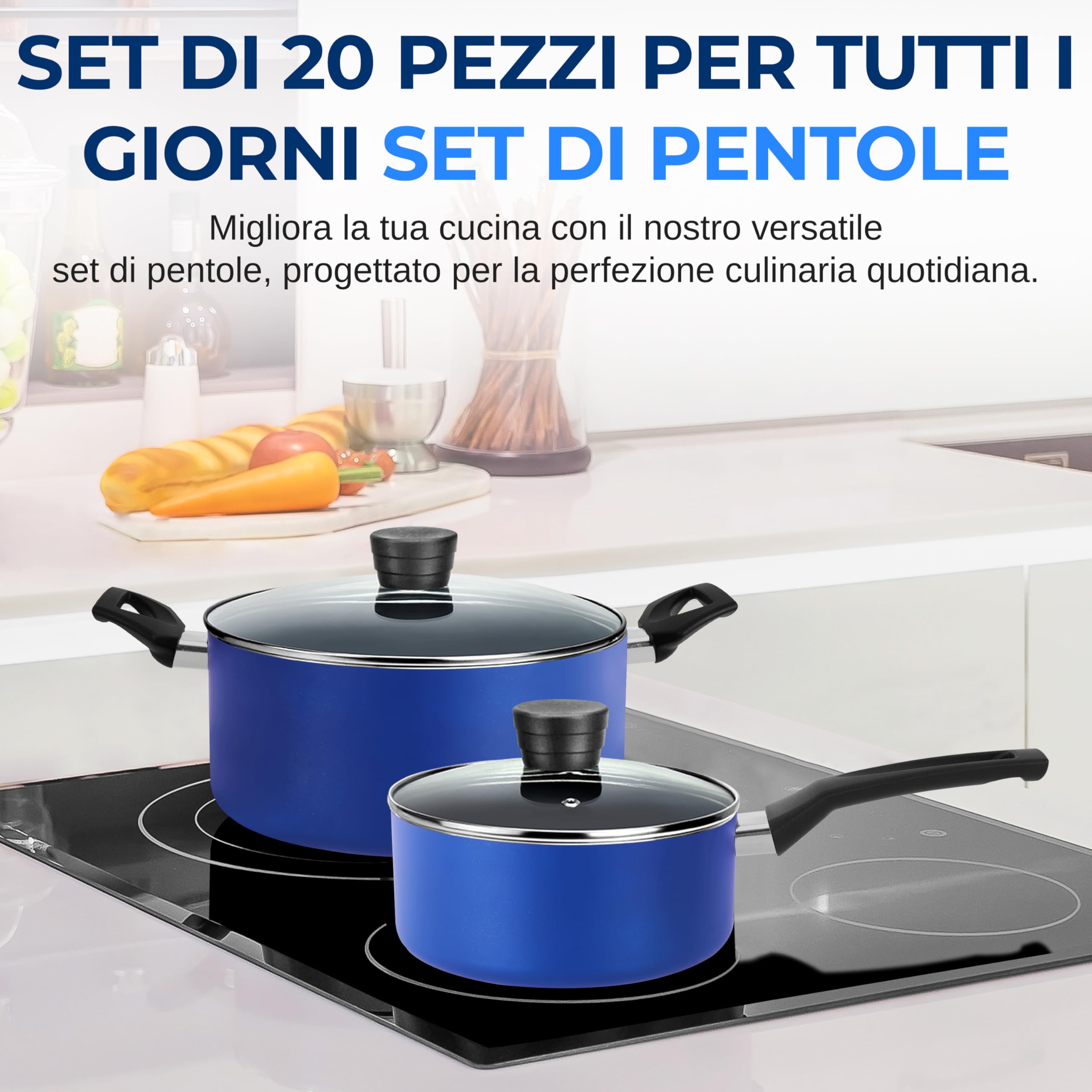 SereneLife Set Pentole 20 Pezzi Blu con Coltelli, Batteria Pentole con Coperchi e Utensili, Antiaderente, Resistente al Calore, Lavabile in Lavastoviglie, Gas, Elettrico e Ceramica