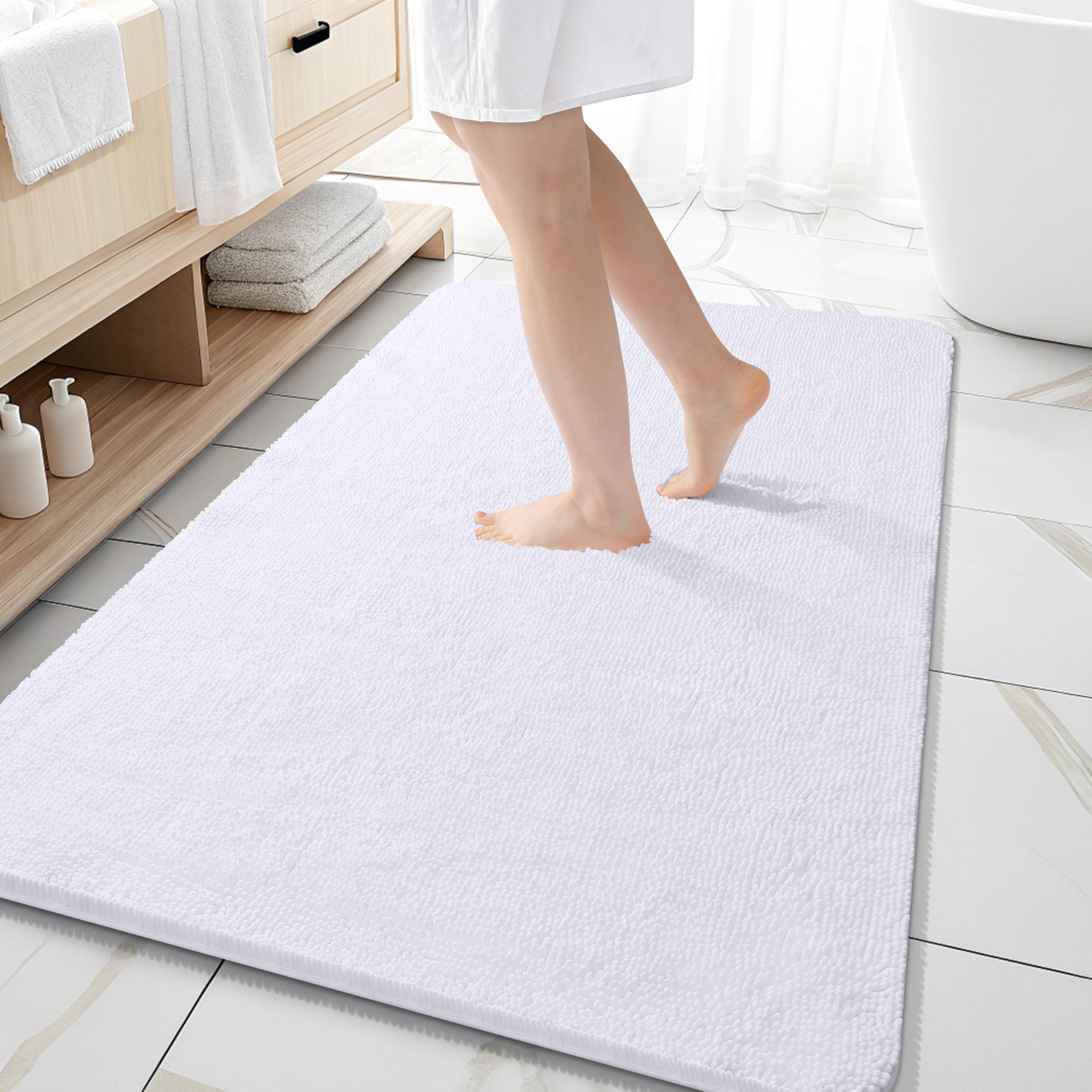 OLANLY Large Bathroom Rugs 59x35, Extra Soft Absorbent Chenille Bath Rugs | White, Quick-Drying Rubber Backing, Machine Washable Bath Mat for Bathroom Floor, Tub and Shower, Home Decor Accessories