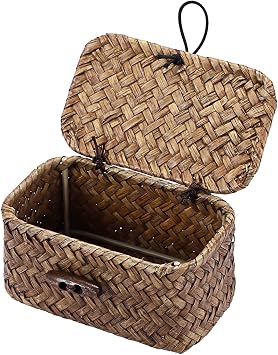 Seagrass Basket Bin with Lid Mini Size Handwoven Wicker Storage Container Storage Basket Decorative Desktop Organizer for Shelf Bathroom Home Decor, 4.3"x2.5"x2.1"
