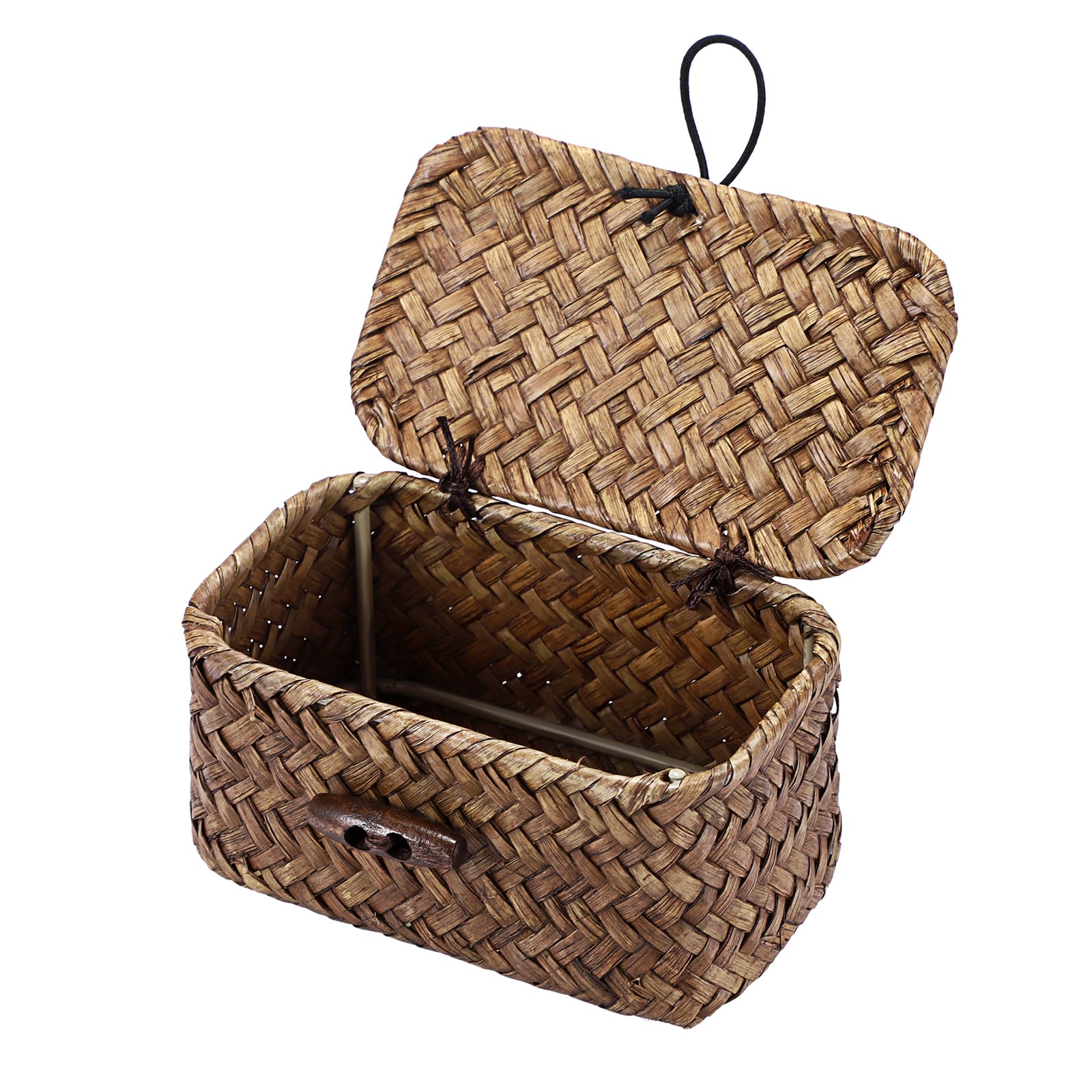 Seagrass Basket Bin with Lid Mini Size Handwoven Wicker Storage Container Storage Basket Decorative Desktop Organizer for Shelf Bathroom Home Decor, 4.3"x2.5"x2.1"