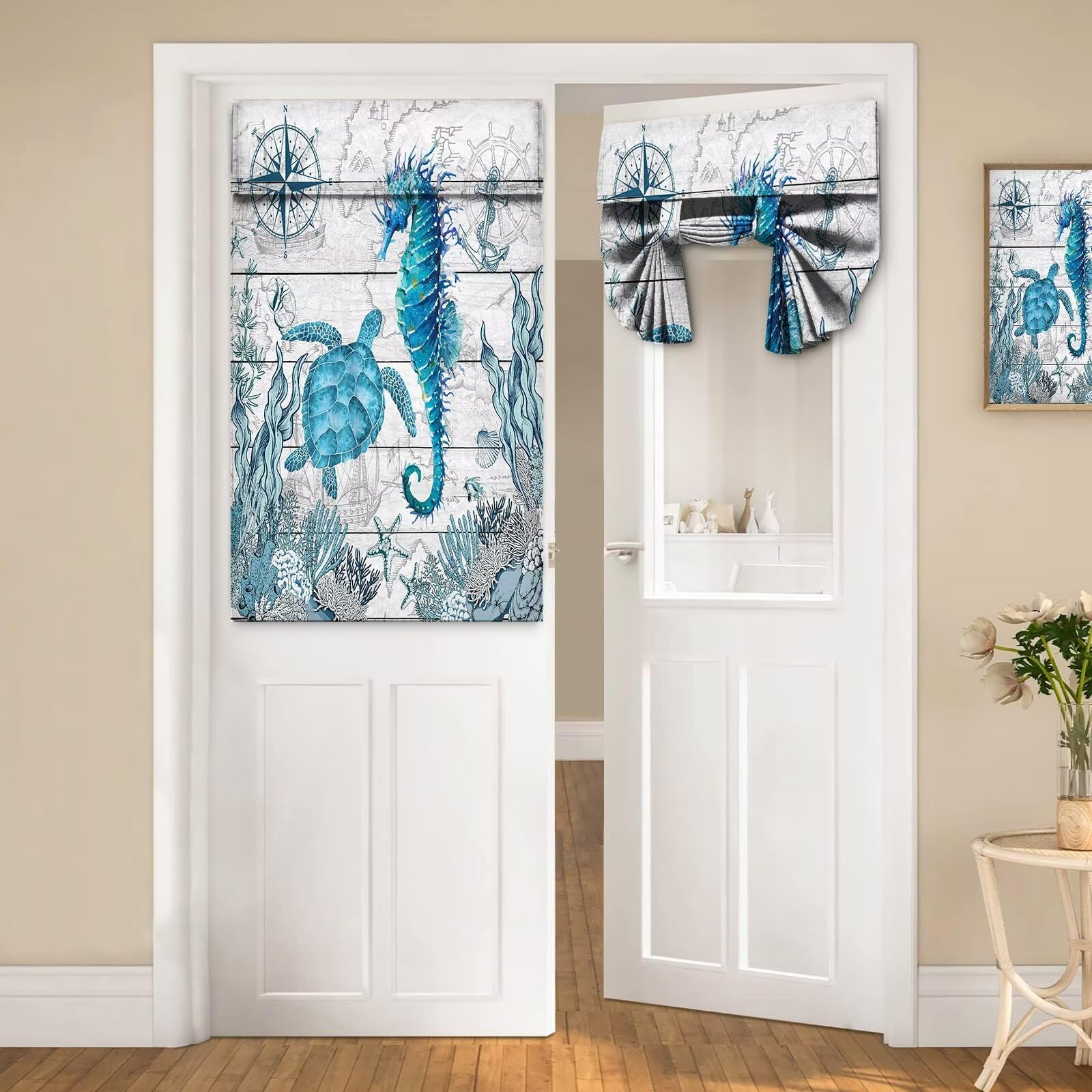 Door Curtains for Door Windows, Sea Turtle Seahorse Door Window Curtains for French Glass Door, Ocean Animal Coral with Nautical Starfish Beach Theme