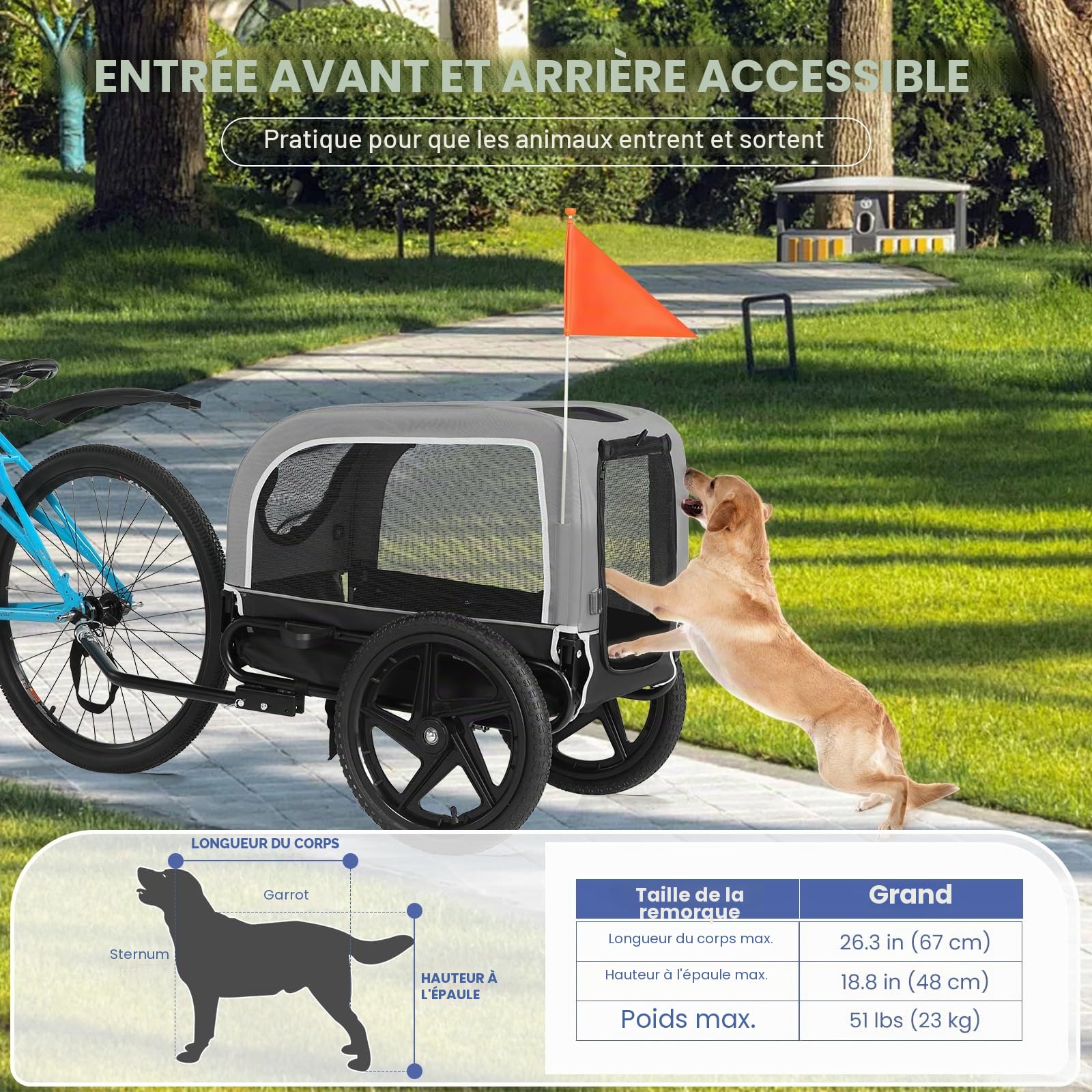 Remorque de vélo pour Chiens de Petite et Moyenne Taille, 23 kg, Pliable, avec Roues à dégagement Rapide, idéale pour Les randonnées à vélo et Les activités de Plein air
