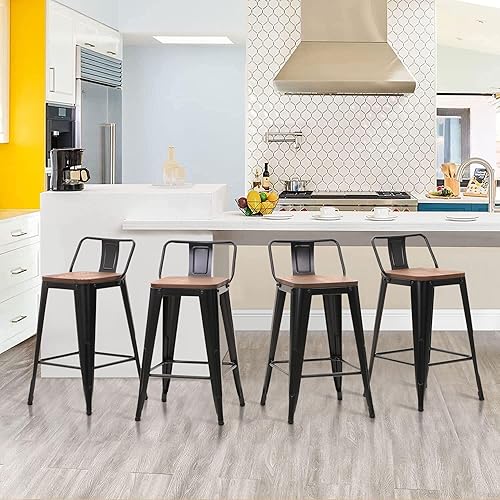 Miniatura 9 de MASION Arts - Juego de 4 taburetes de bar de metal de 24 pulgadas de altura de asiento con respaldo bajo extraíble color blanco