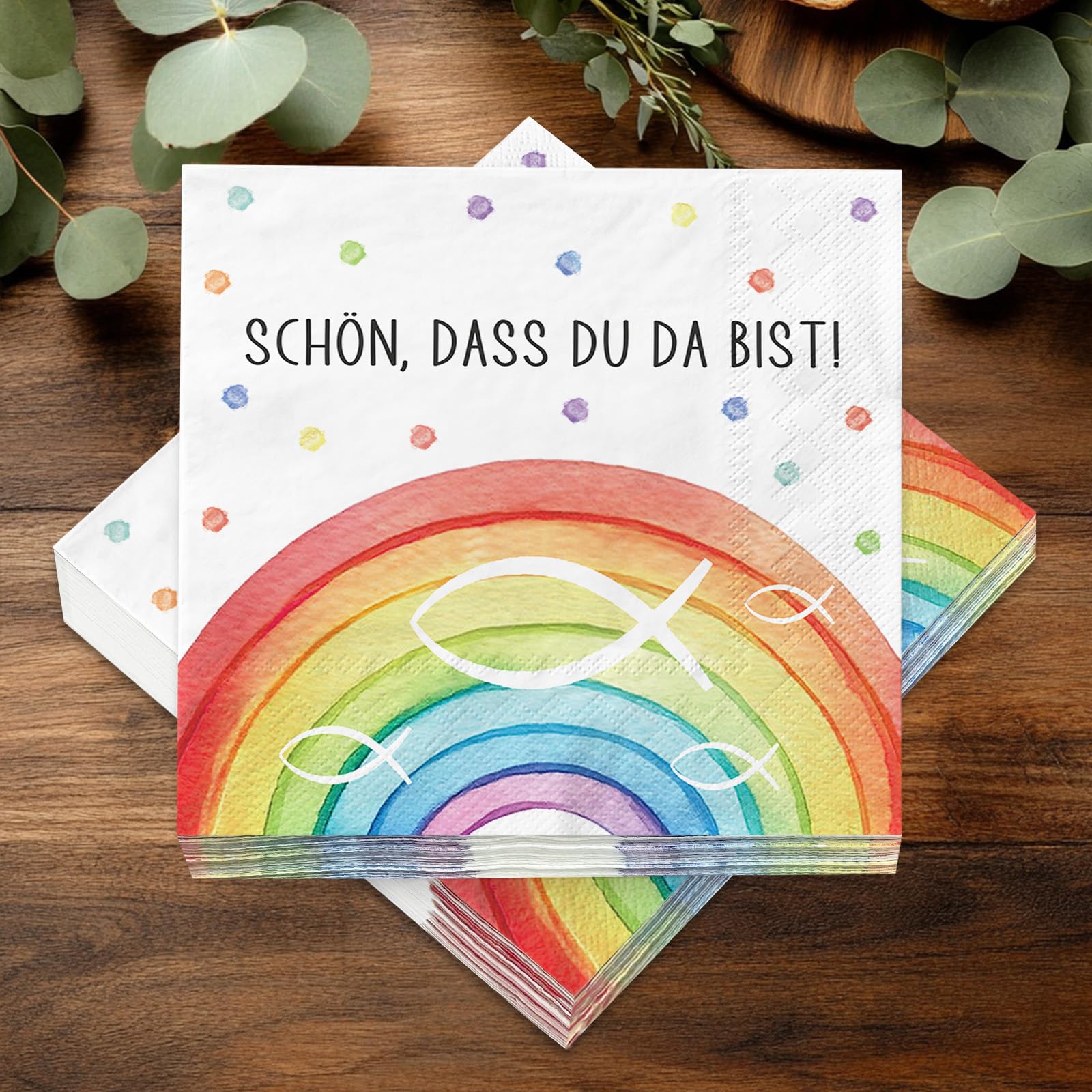 40 Stück Servietten Tischdeko Taufe Kommunion Konfirmation Firmung Erstkommunion Mädchen, Bunt Regenbogen Fische Taufdeko Deko, kommunion Geschenke für Mädchen, Gastgeschenk, Schön, dass du da bist