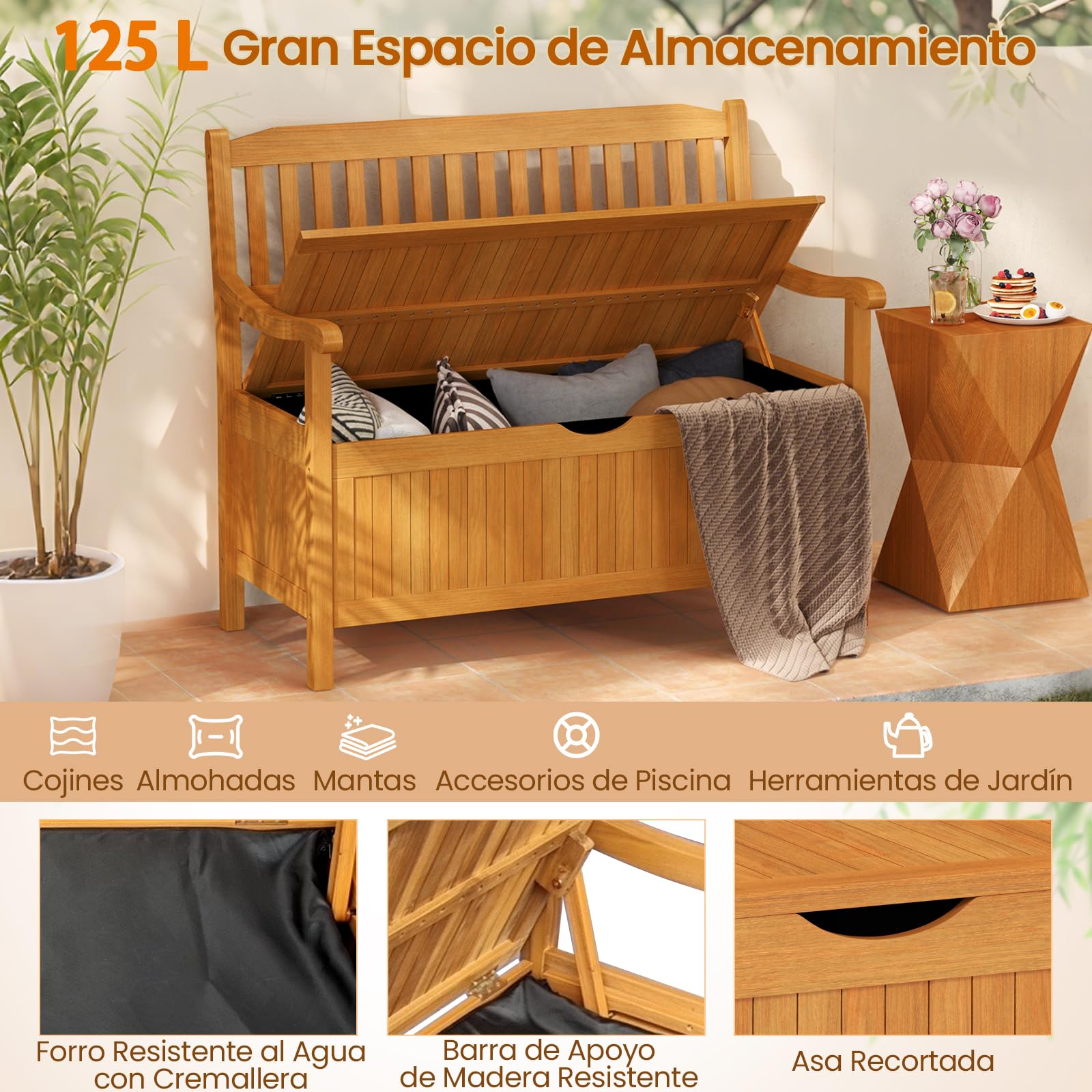 COSTWAY Banco Madera Acacia para Exterior, Banco Jardin Exterior con Almacenamiento, Banco Arcón para Entrada con Revestimiento, Banco de Madera para Patio Jardín 107 x 59 x 107cm (Con Almacenamiento)
