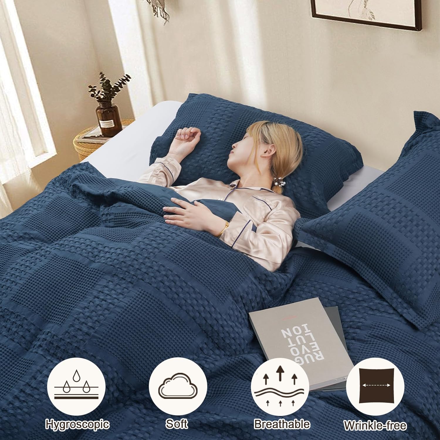 PHF 100% Cotton Waffle Duvet Cover King Size, 3 Pieces Soft Breathable Duvet Cover Set for All Season, Pre-Washed Decorative Textured Comforter Cover with 2 Pillow Shams, 106" x 92", Navy Blue