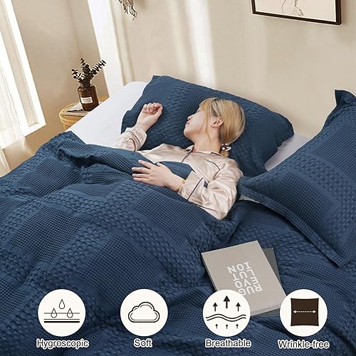 Miniatura 2 de PHF Juego de funda de edredón 100% algodón de punto gofre, 3 piezas, suave, transpirable, para todas las estaciones, funda de edredón decorativa