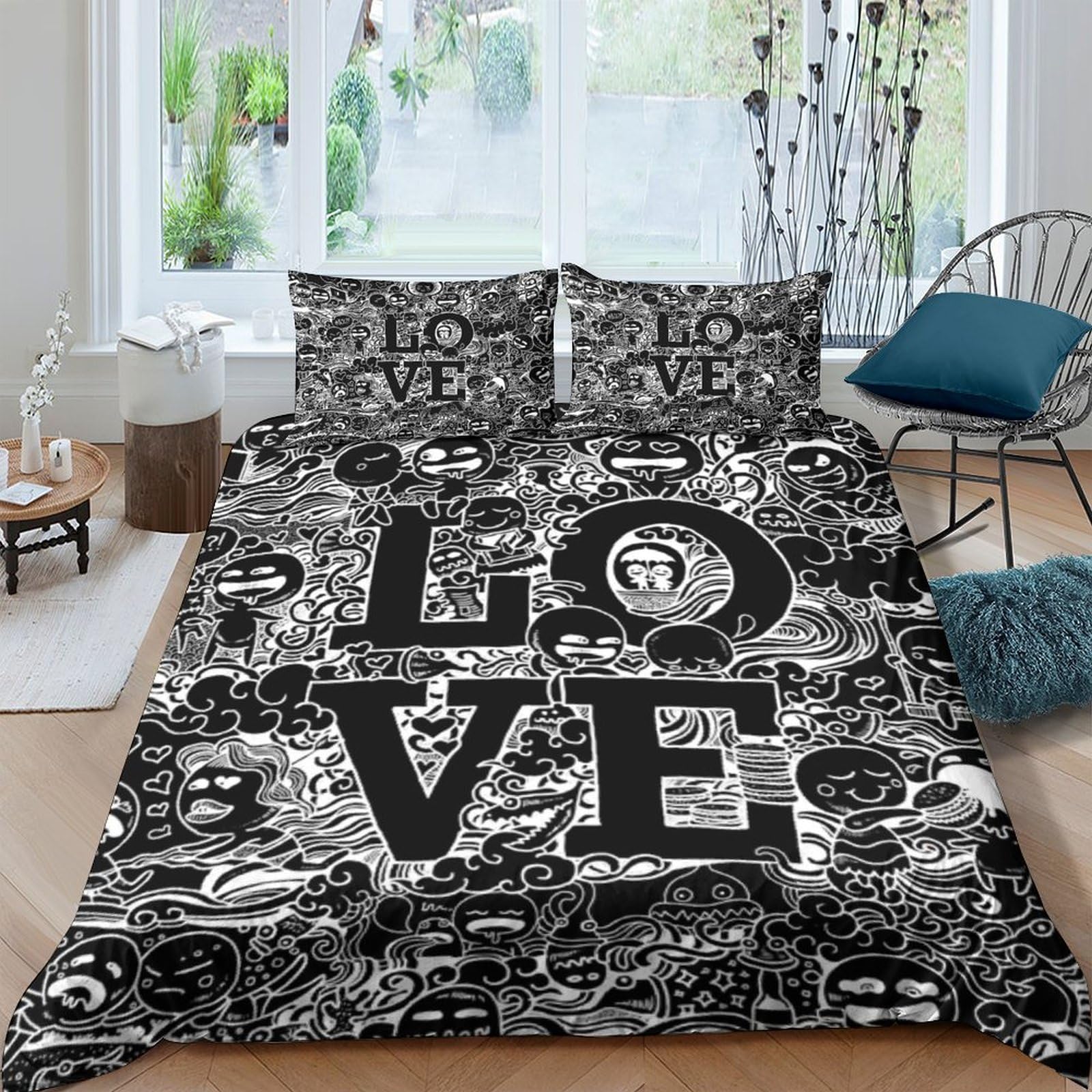 Ctjqhvkz Style-9 3D Printed Graffiti Love Fitted Sheet Microfiber Soft Black White Doodle Bed Cover For Bedroom Dorm Mattress Decor Single（135X200cm）