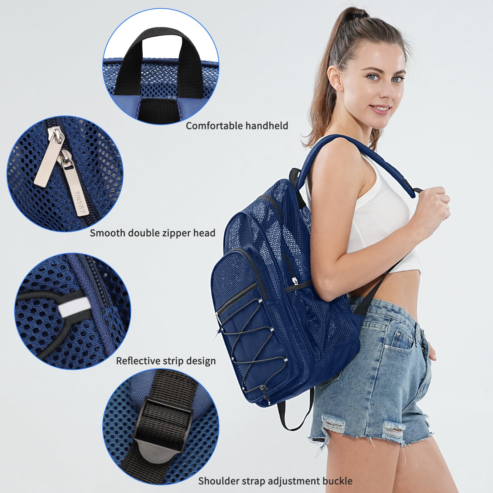 TINYAT Zaino in rete per donne e uomini, resistente, trasparente, in rete, da spiaggia, per viaggi, palestra, nuoto, Blu/8010