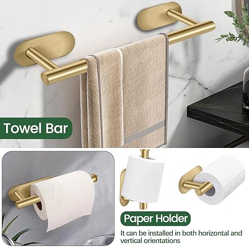 Miniatura 4 de Juego de 4 accesorios de baño autoadhesivos de oro cepillado, incluye toallero de 16 pulgadas, anillo de toalla, gancho para toallas de bata,
