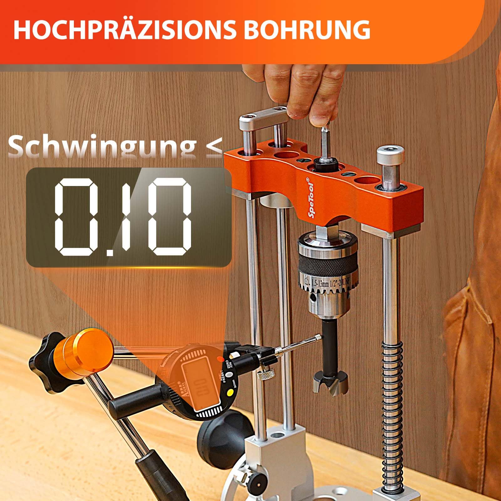 SpeTool Soporte de taladro para destornillador con rodamientos de bolas, barras guía, portabrocas de 1/2 pulgadas, soporte ajustable de 0 a 60°, soporte móvil para taladros rectos, trabajo de madera