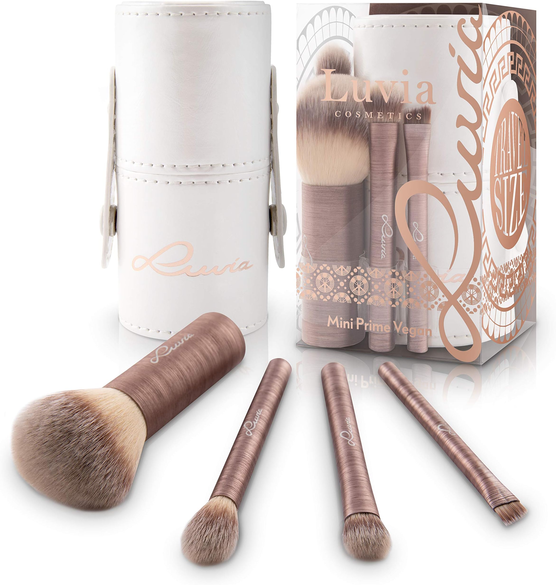 Travel Brush Set, Mini Prime Vegan Brush Set for Travel, 4 Beauty Make Up Brushes for Make-Up on the Go & Holiday, Make-up Brush / Cosmetic Brush with Travel Brush Case / Brush Holder