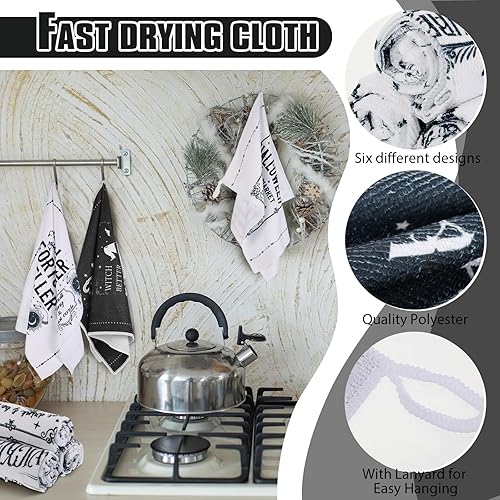 Miniatura 3 de Juego de 6 toallas de cocina de bruja con fondo blanco y negro de Halloween, decoración de bruja de Halloween, juego de toallas de cocina de