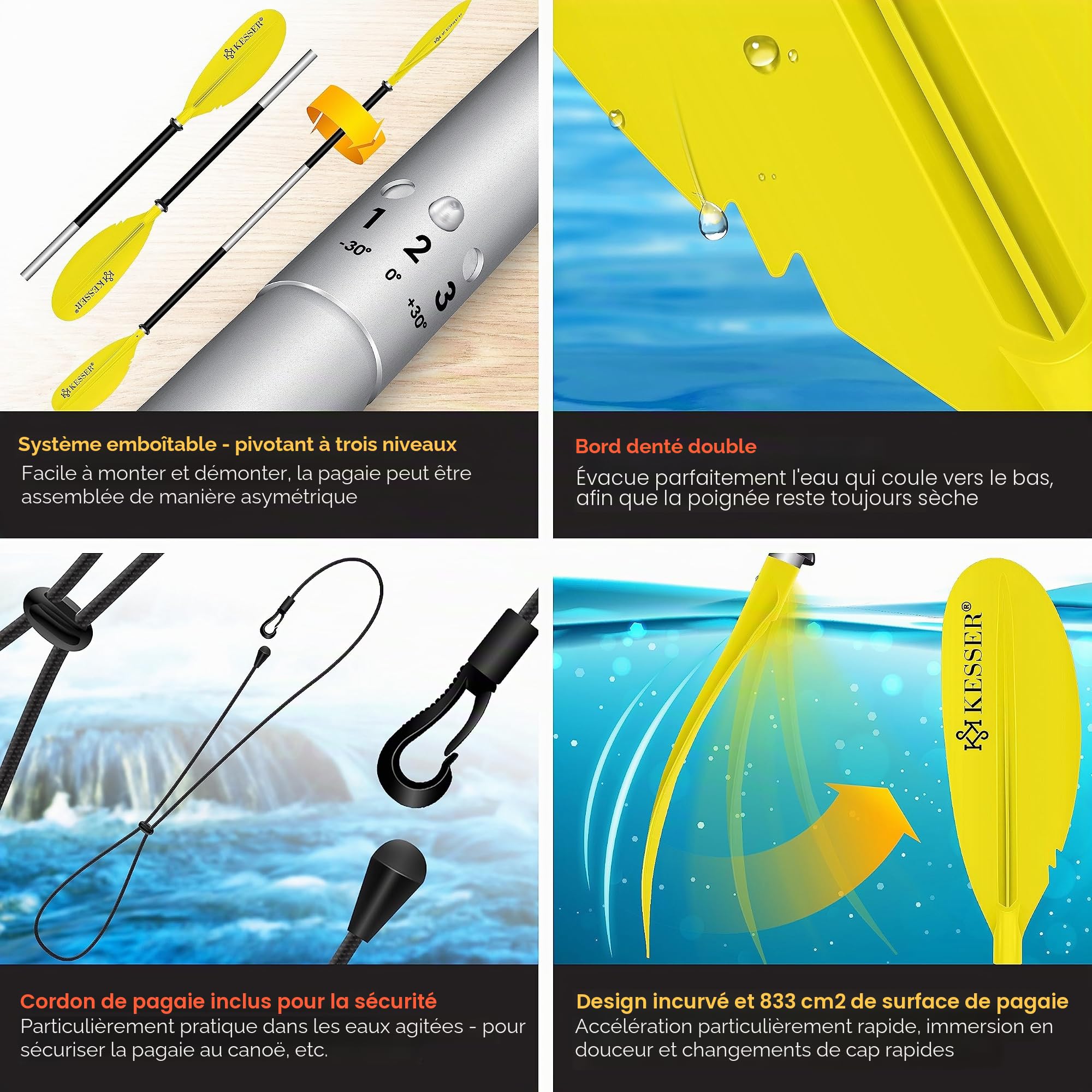 KESSER® Paddle Double pagaie – 4 pièces pour canoë, Kayak, Sup Stand-Up Paddle, Paddle, 228 cm, Aluminium Super léger pour canoë, Paddle, Kayak, Planche de Surf, Bateau