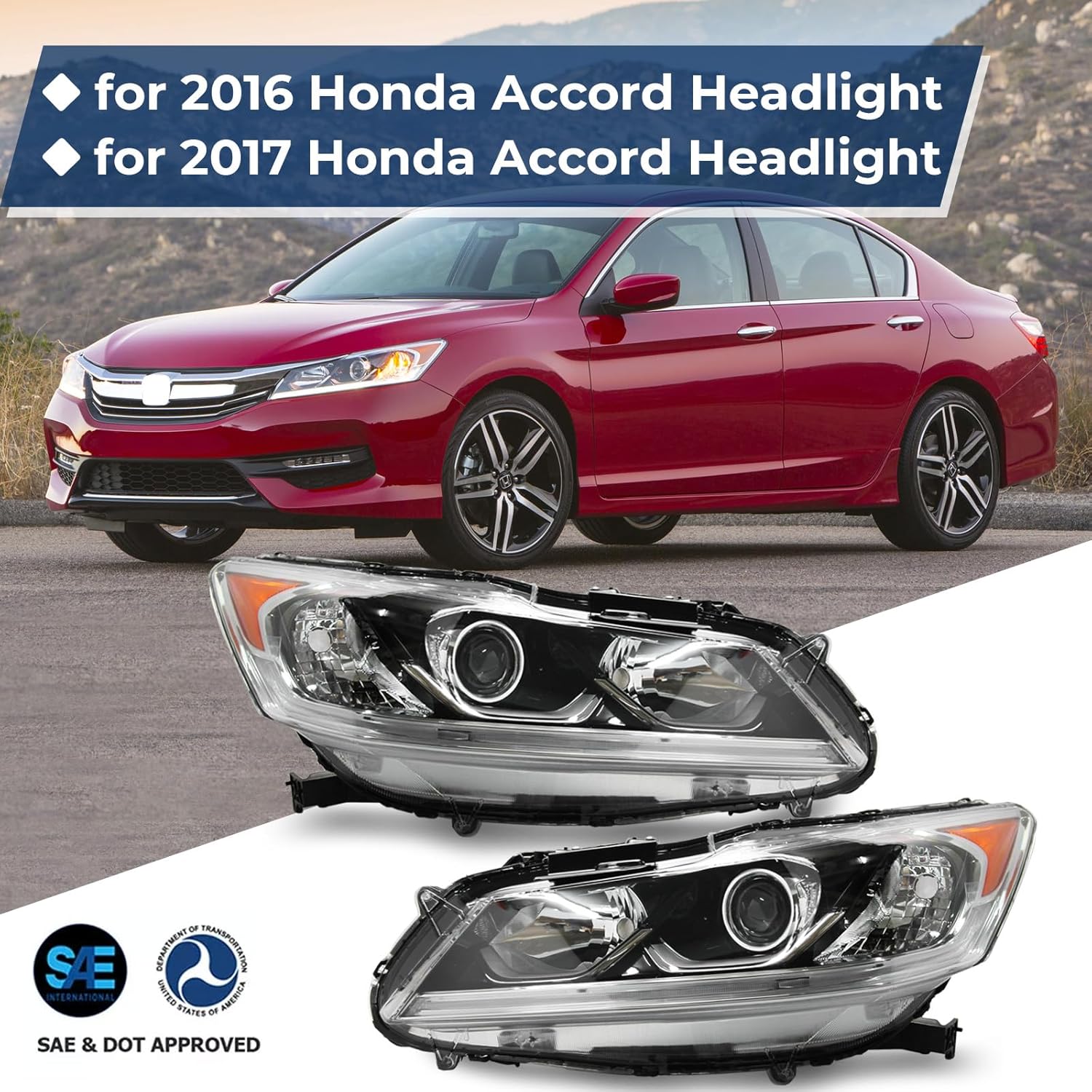 Projector Headlight Assembly w/LED DRL Fit for 2016 2017 Honda Accord LX/EX/Sport,Halogen Headlamp OE Style Chrome Housing Amber Reflector Replacement Driver & Passenger Side
