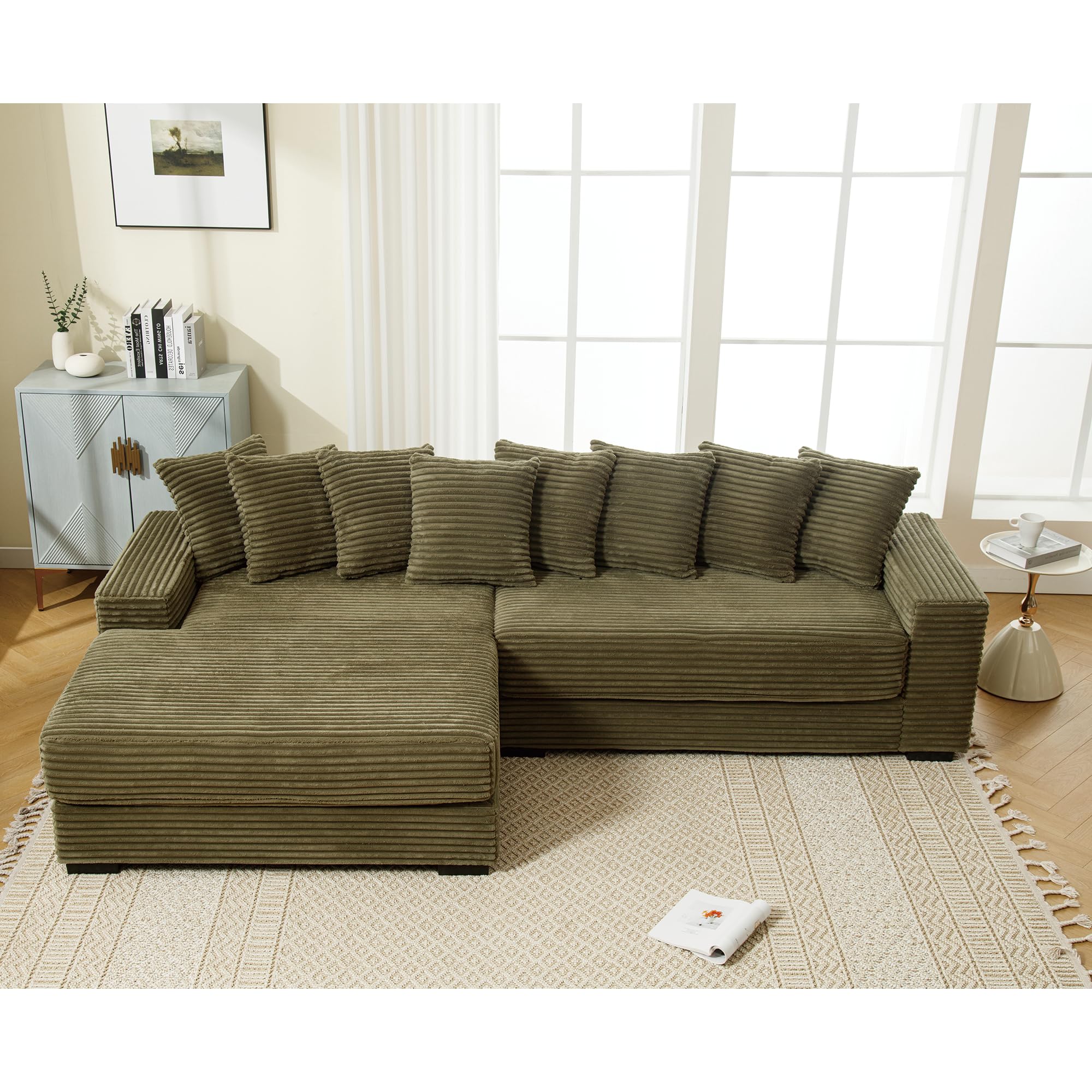 WILLIAMSPACE 111" Sectional Sofa Couch for Living Room, Modern Upholstered L-Shape Sofa 3 Seater Couch with Chaise & Pillows, Contemporary Corner Sofa for Apartment, Corduroy (Left-Facing,Green)