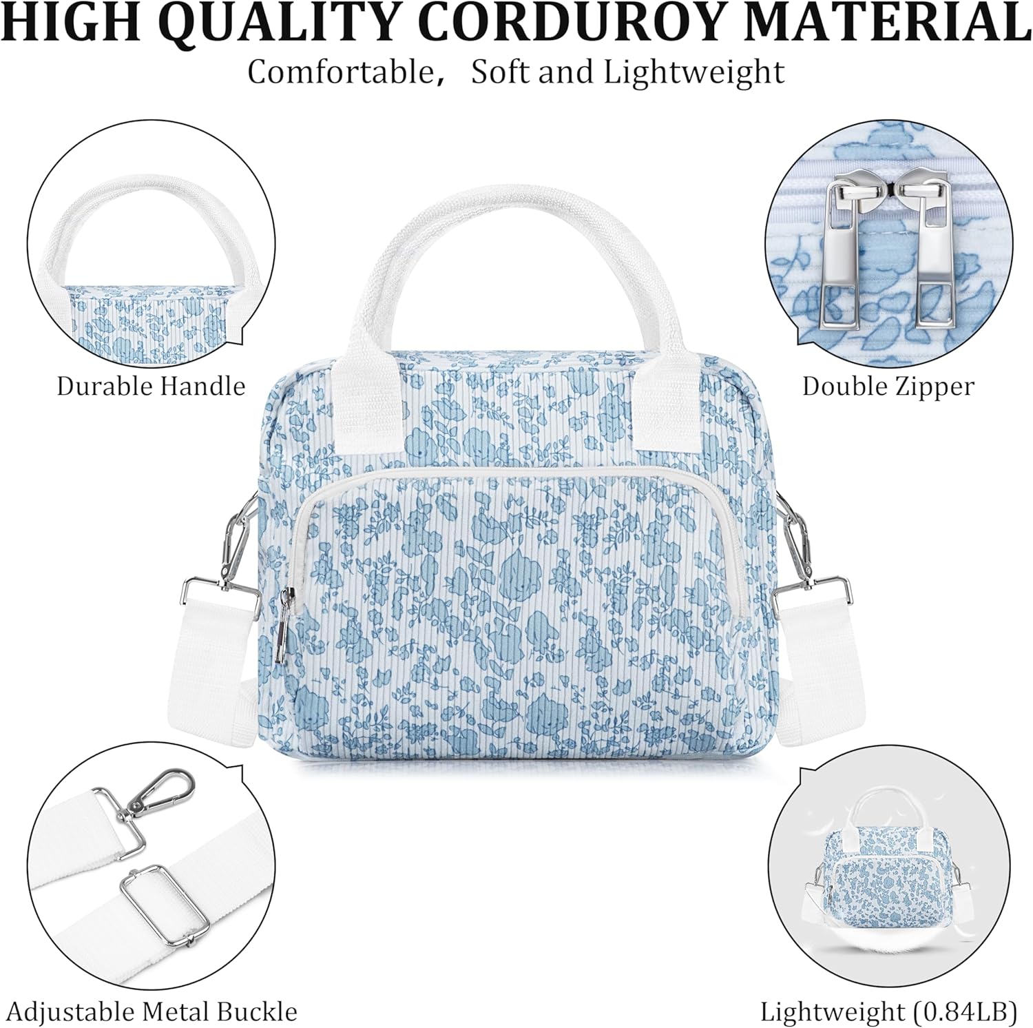 Lunch Box for Women Insulated Lunch Bag Cute Corduroy Lunch Tote Bags Lightweight Reusable Leakproof Cooler Bag with Adjustable Shoulder Strap for Work Office Travel Picnic (Blue Flower) - Image 5
