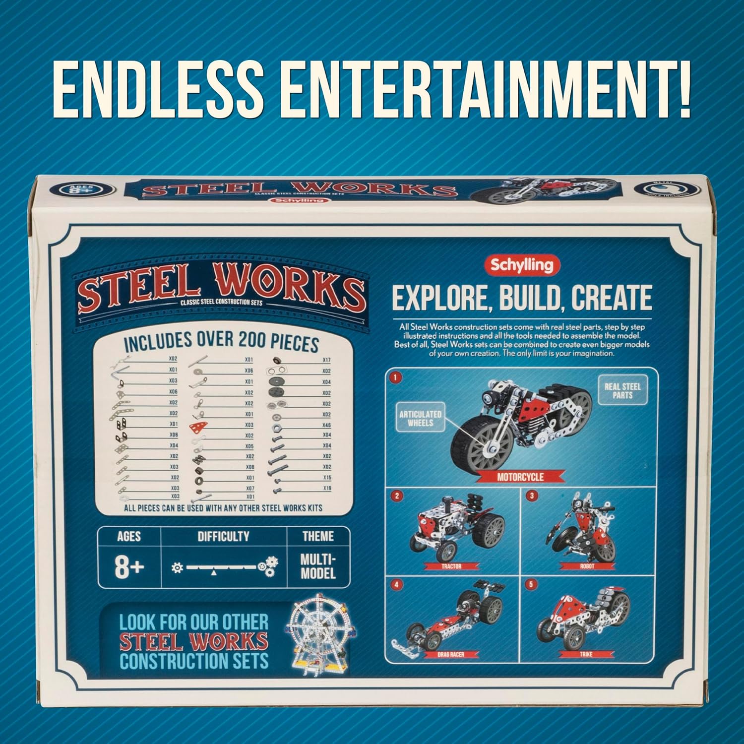 Product box with text 'Endless Entertainment!' and images of the kit contents and models.