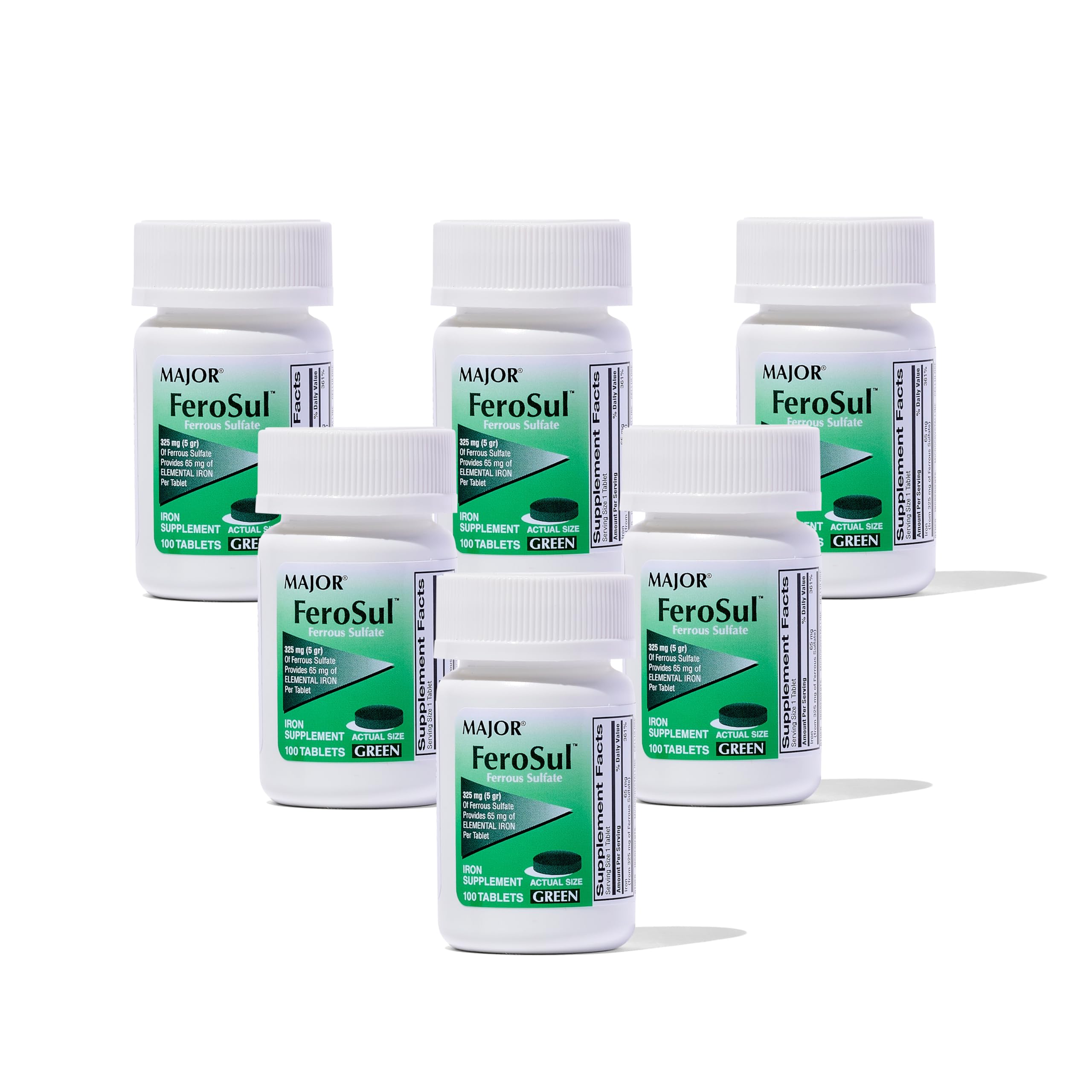 Major Ferosul - Ferrous Sulfate 325mg Tablets with 65mg of Elemental Iron - Iron Supplement for Women, Men - Green - 100 Tablets (6 Pack)