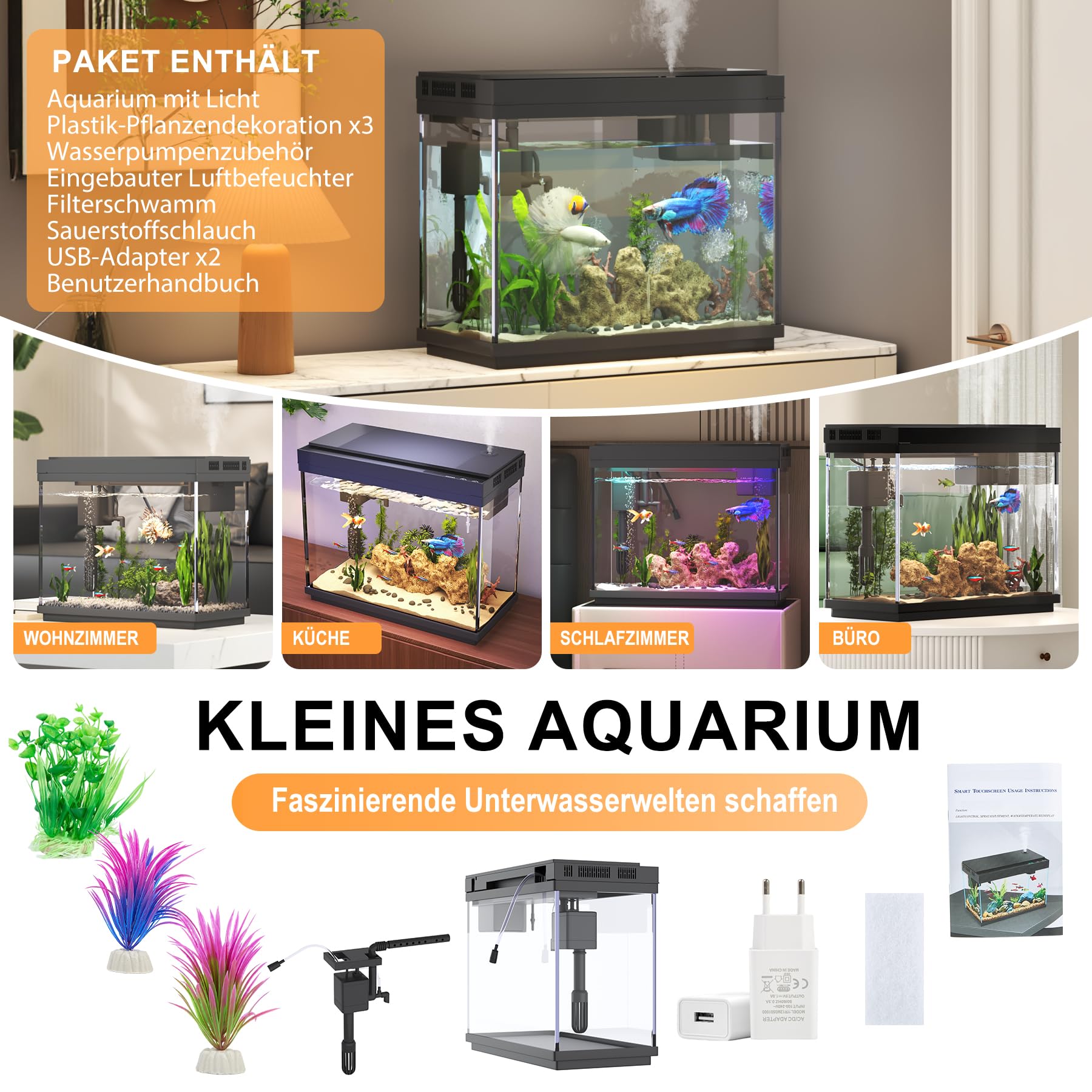Vehipa Nano Aquarium 9L Klein mit intelligentem Luftbefeuchter, Temperaturanzeige, UHD-Glas, 7-Farben-Beleuchtung, 3-in-1 Leise Pumpe