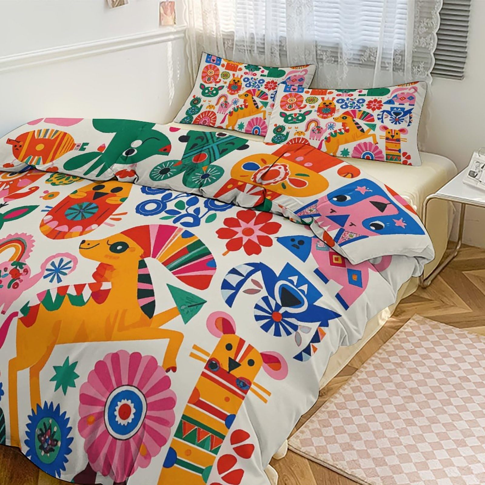 Parure de lit 200x228 avec couette grand lit et taies d'oreiller à motif animaux mexicains Otomi