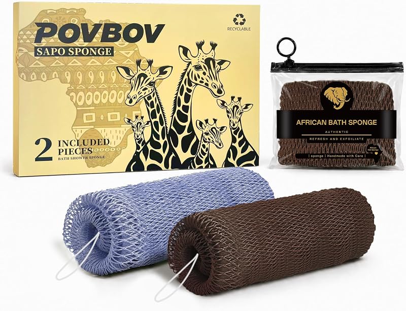 Esponja de banho tipo rede POVBOV, conjunto com 2, azul ardósia e marrom mocha, com bolsa impermeável