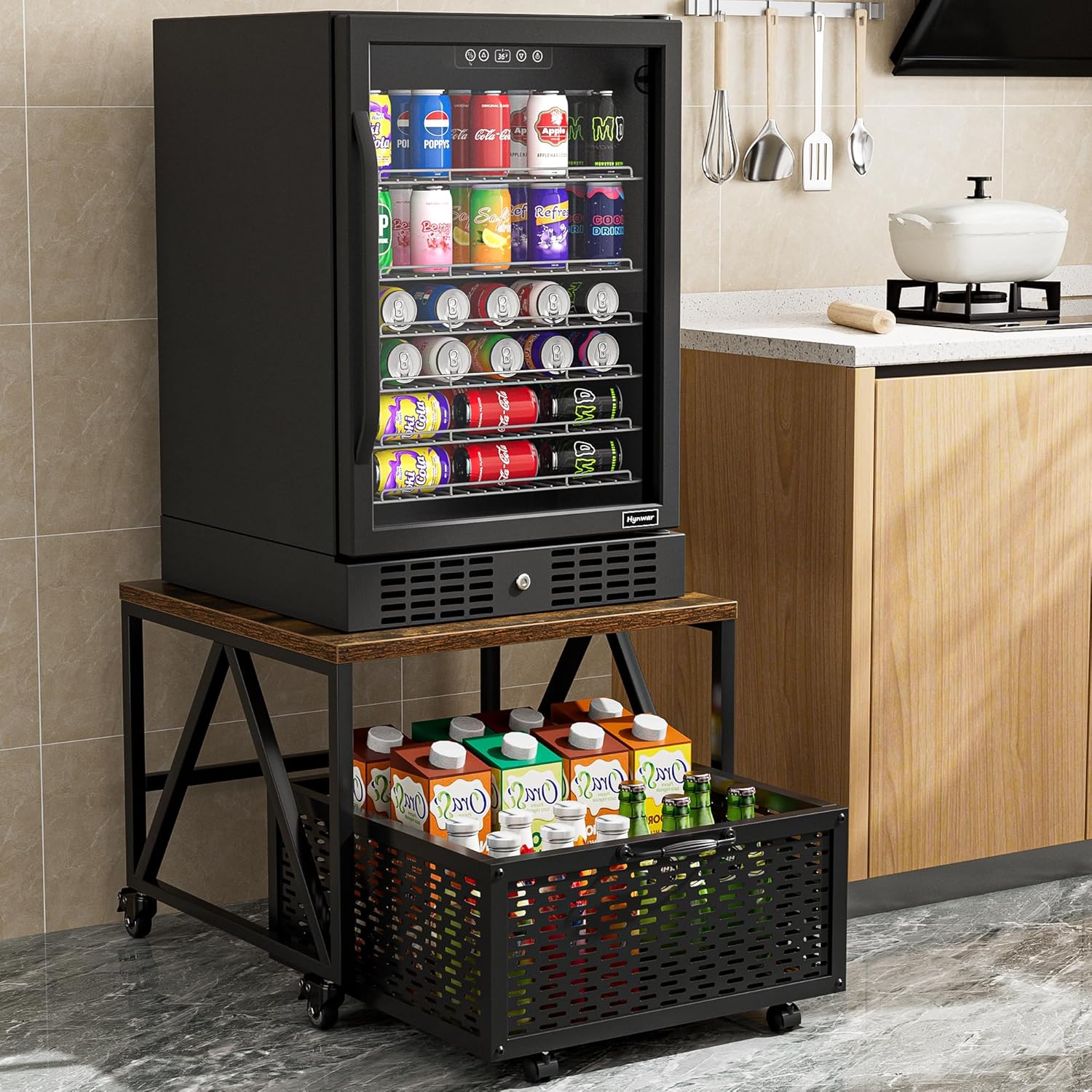 Urban Deco Mini soporte para refrigerador con almacenamiento, carrito de refrigerador resistente con cesta de cajón, mini mesa de refrigerador para