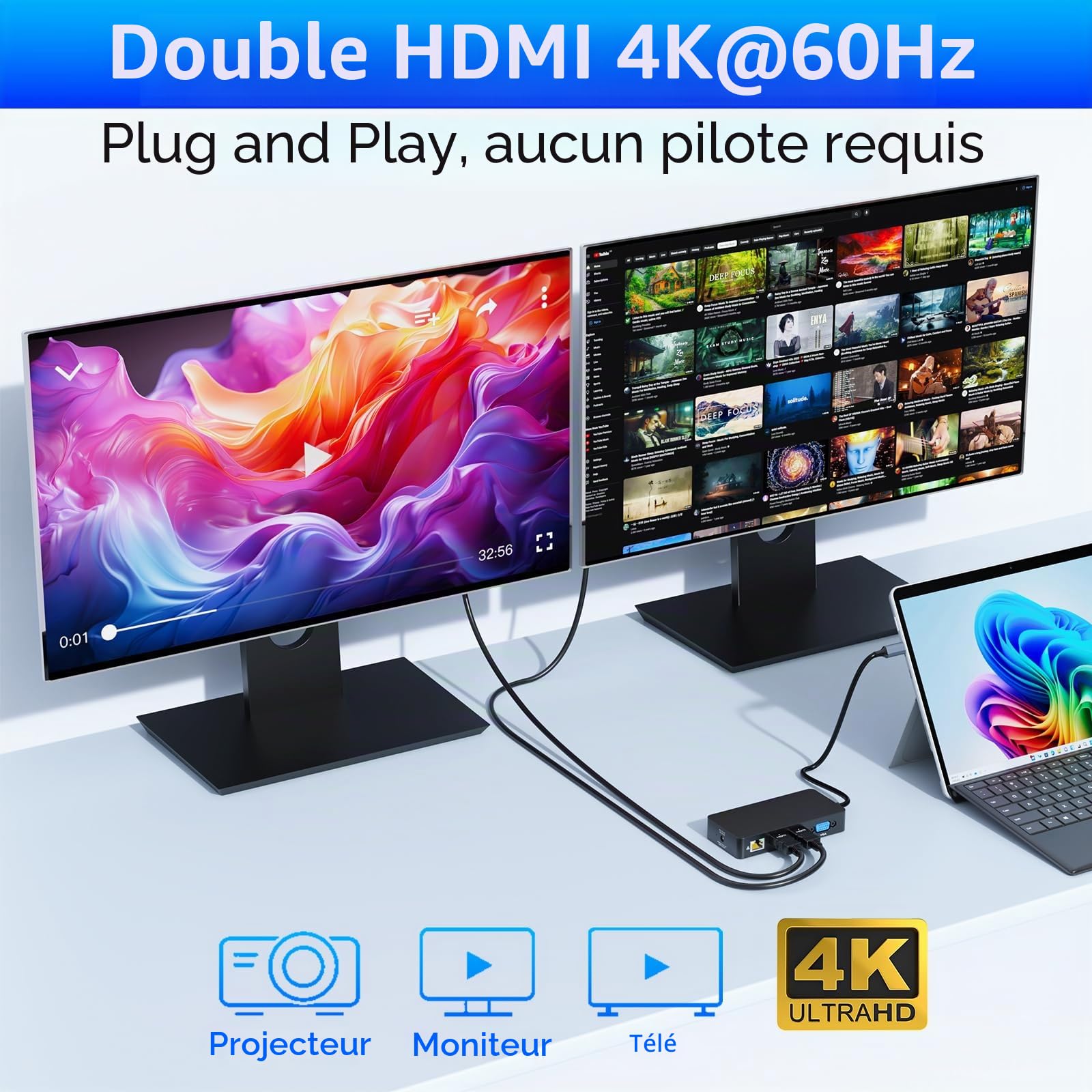 Surface Thunderbolt 4 Dock 12-en-1 Triple Écrans Double HDMI+VGA Station d’Accueil Surface Pro pour Surface Pro 12/11/10/9/8/X/7, sur-Face Laptop, sur-Face Book/Go Dock