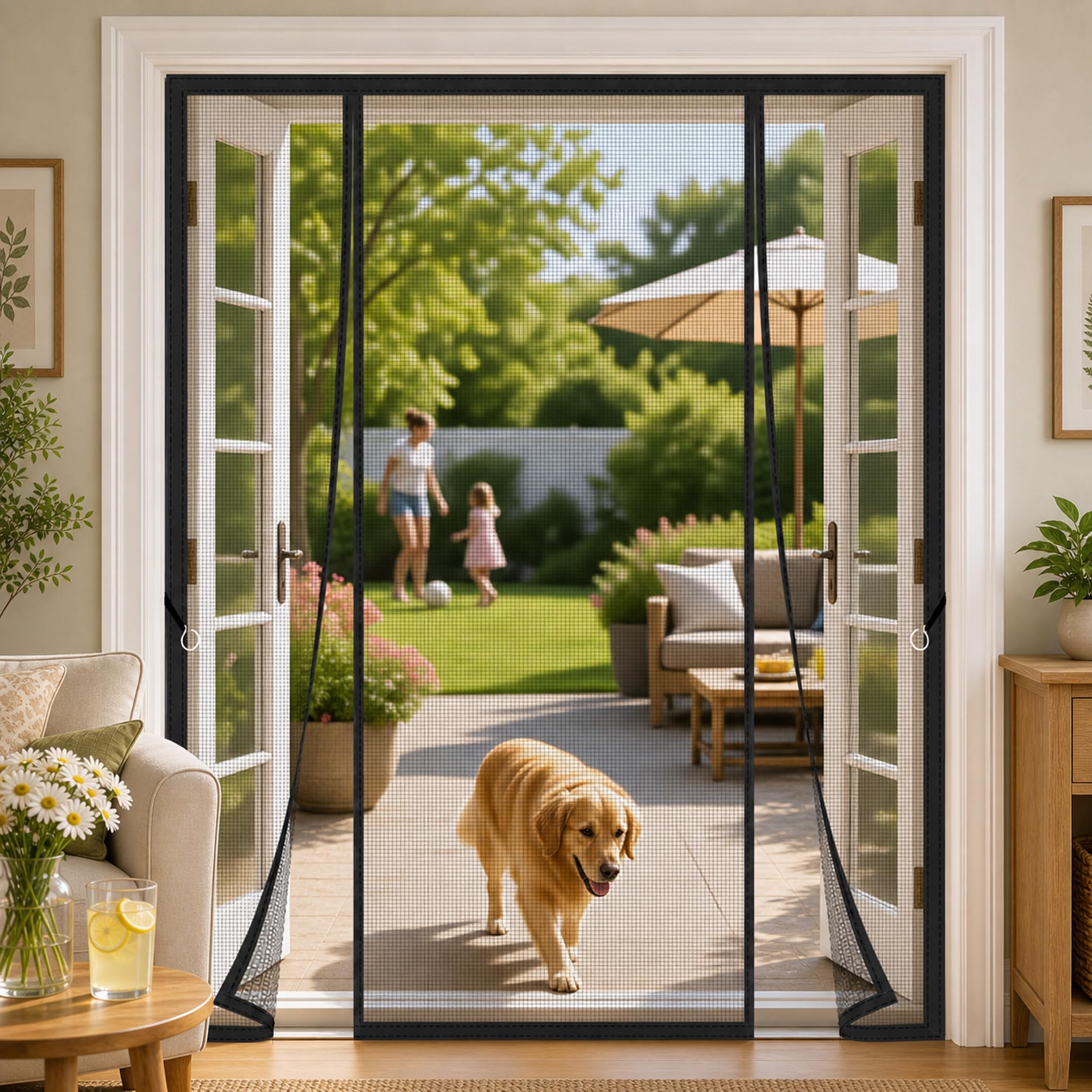Fly Screens for Double Patio Doors Black 210x260cm Double Door Magnetic Mesh Screen with Automatic Magnetic Closure and Weighted Bottom Suitable for Hands Free Walk Through Sliding Glass