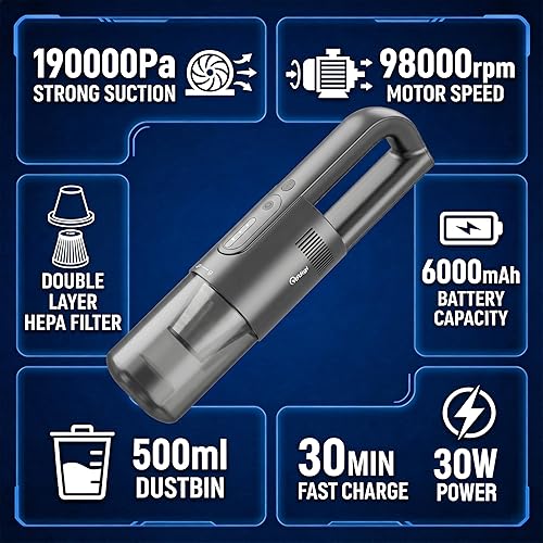 Miniatura 6 de Aspiradora de mano inalámbrica, 5 en 1, aspiradora portátil inalámbrica de 30 minutos, rápida y recargable, motor sin escobillas, 19000 Pa fuerte