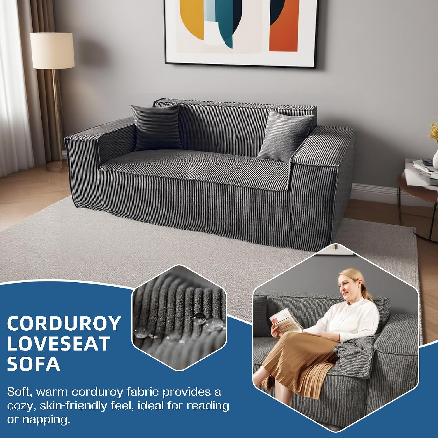 Corduroy 2-Person Compression Sofa - Gray Square Large Sofa (86.6x39.4x28.3 Inch), High-Density Compression Foam, Ready-to-Use, Perfect for Living Room,Grey