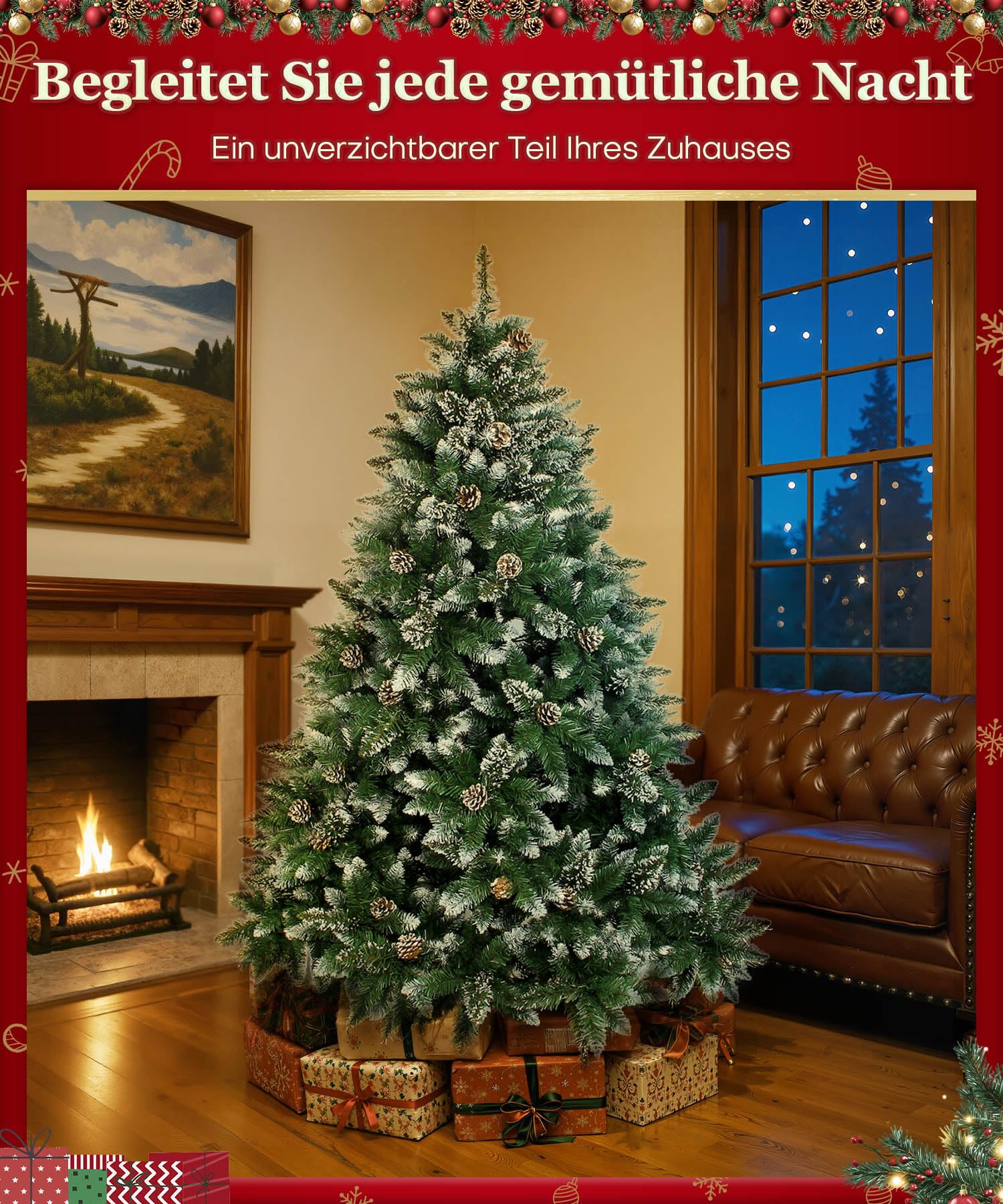 Yorbay 180cm Künstlicher Weihnachtsbaum mit Tannenzapfen: Schnee-Effekt | Tannenbaum Künstlich mit Stabiler Ständer für Weihnachten Dekoration Mehrweg - Weihnachtsbaum für Zuhause Büro Geschäft