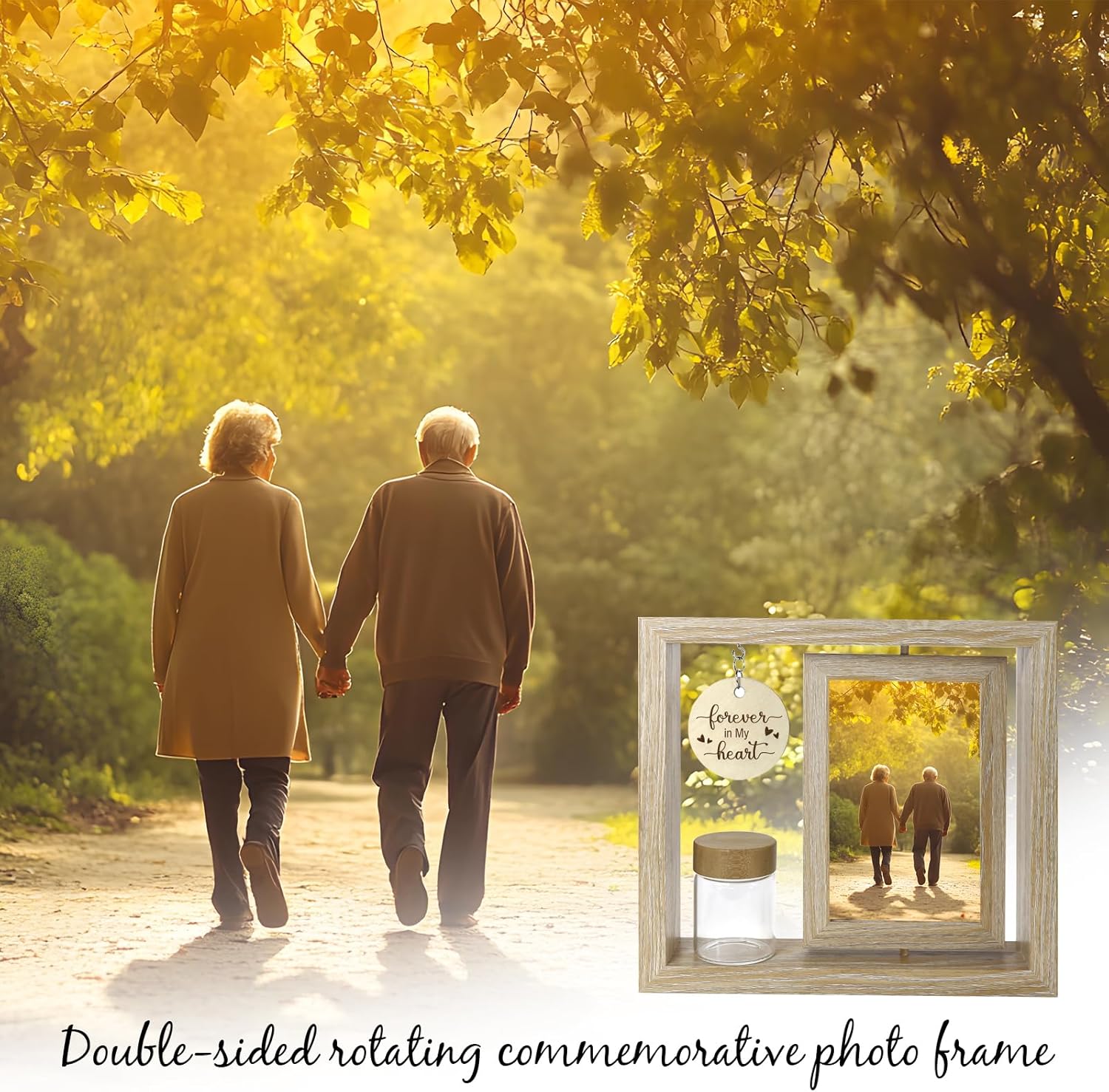 Custom Memorial Photo Frame for Loved Ones - Two 4x6 Inch Pictures with Included Glass Keepsake Jar for Hair, Ashes, or Mementos - Elegant Tribute Gift for Loss, Funeral, or Remembrance (wood1)