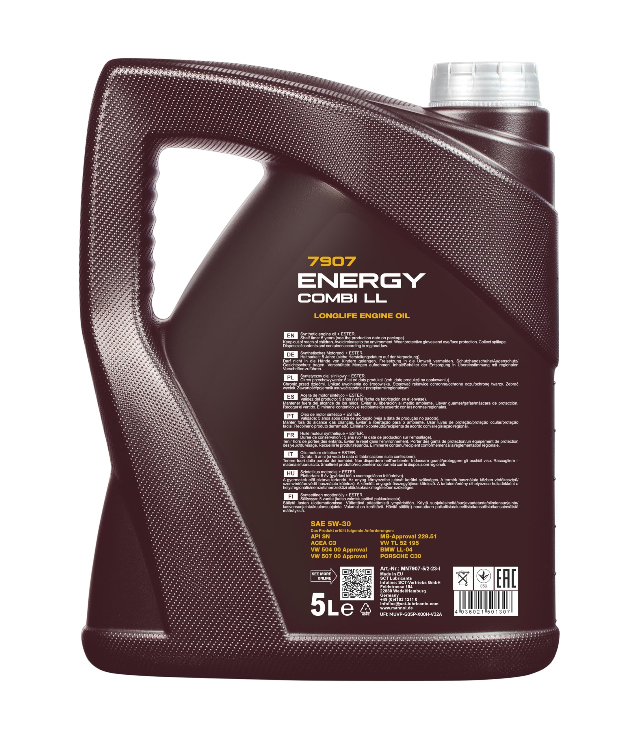MANNOL Aceite de motor 5W-30 ENERGY COMBI LL aceite ACEA C3 API SN 5L Compatible con VW Polo V Hatchback 6R1, 6C1 up! Hatchback 121, 122, BL1, BL2, BL3, 123 Golf 7 Hatchback 5G1, BQ1, BE1, BE2, TOYOTA