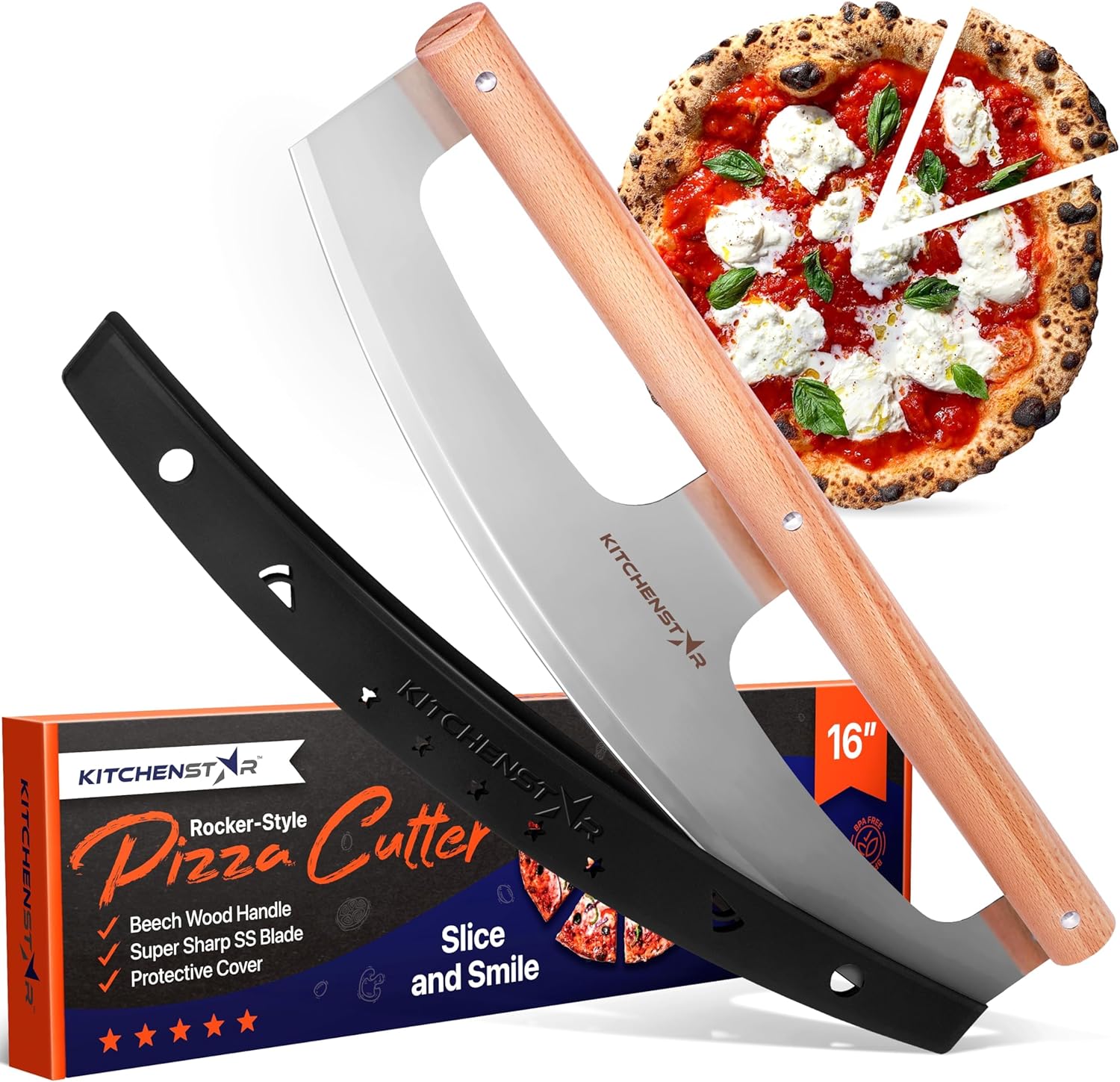 KitchenStar 16″ Pizza Cutter Rocker Blade – Razor Sharp Stainless Steel Slicer Knife w Wooden Handle & Protective Cover, Silver – Premium Pizza Oven Accessories KitchenStar 16″ Pizza Cutter Rocker Blade – Razor Sharp Stainless Steel Slicer Knife w Wooden Handle & Protective Cover, Silver – Premium Pizza Oven Accessories
