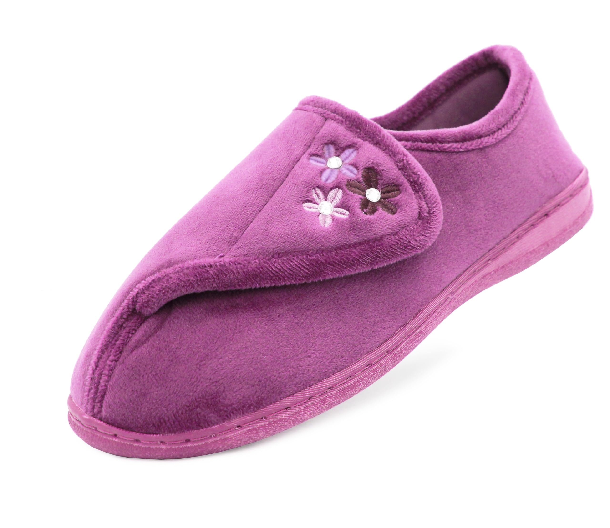 Womens Lightweight Faux Fur Wide Opening Touch Fasten Diabetic Orthopaedic Slippers