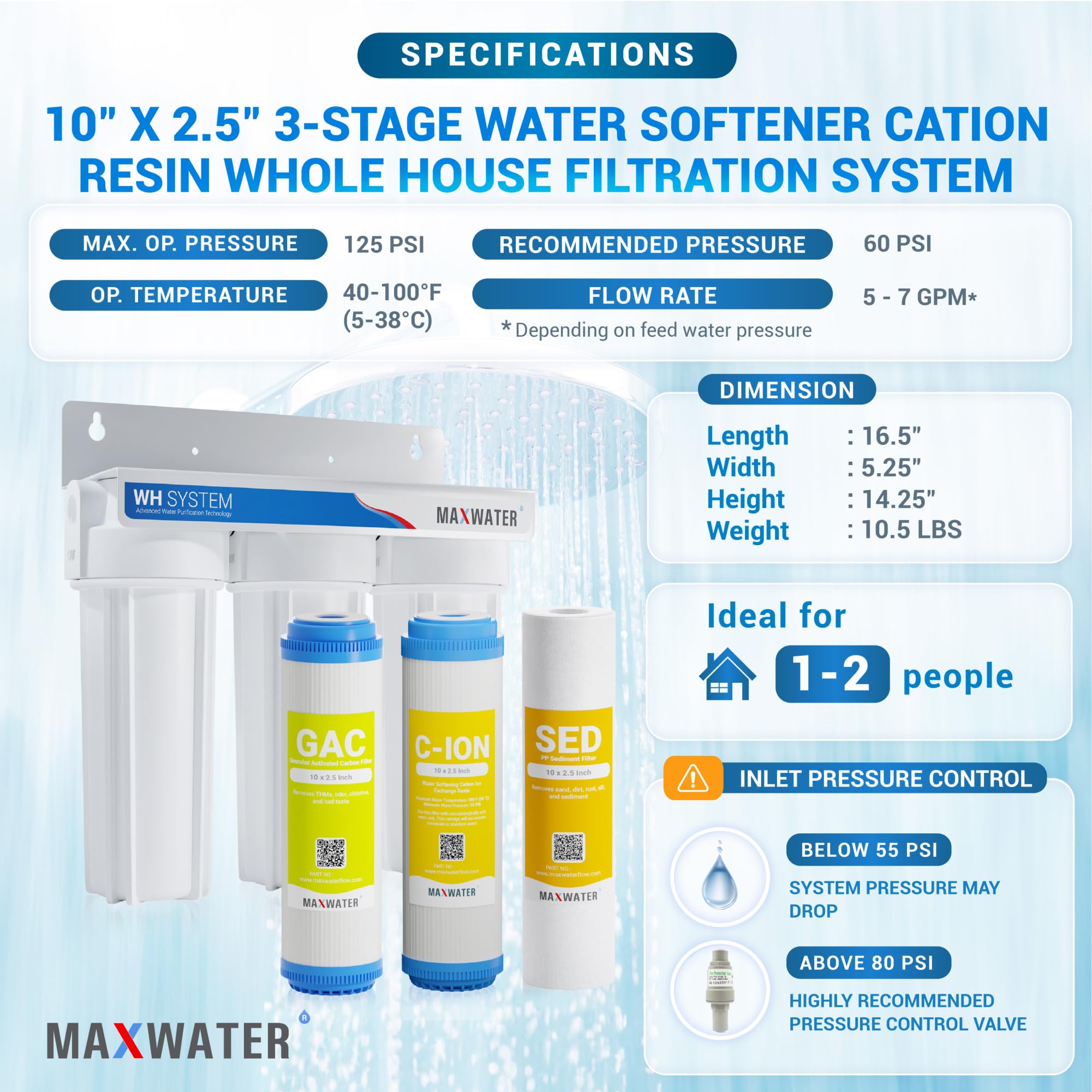Max Water 3 Stage Water Softening10 inch Standard Water Filtration System for Whole House - Sediment + Cation Resin + GAC - ¾