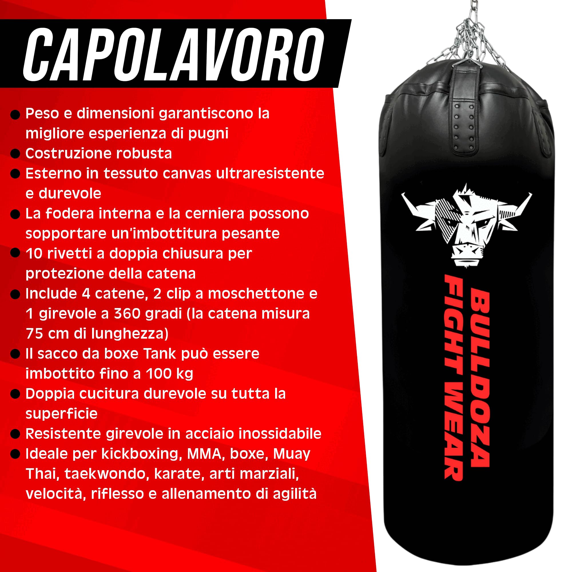 Sacco da boxe XL Tank Bull Doza Fight Wear, sacco da boxe con catene appese, girevole, moschettoni, sacco da boxe